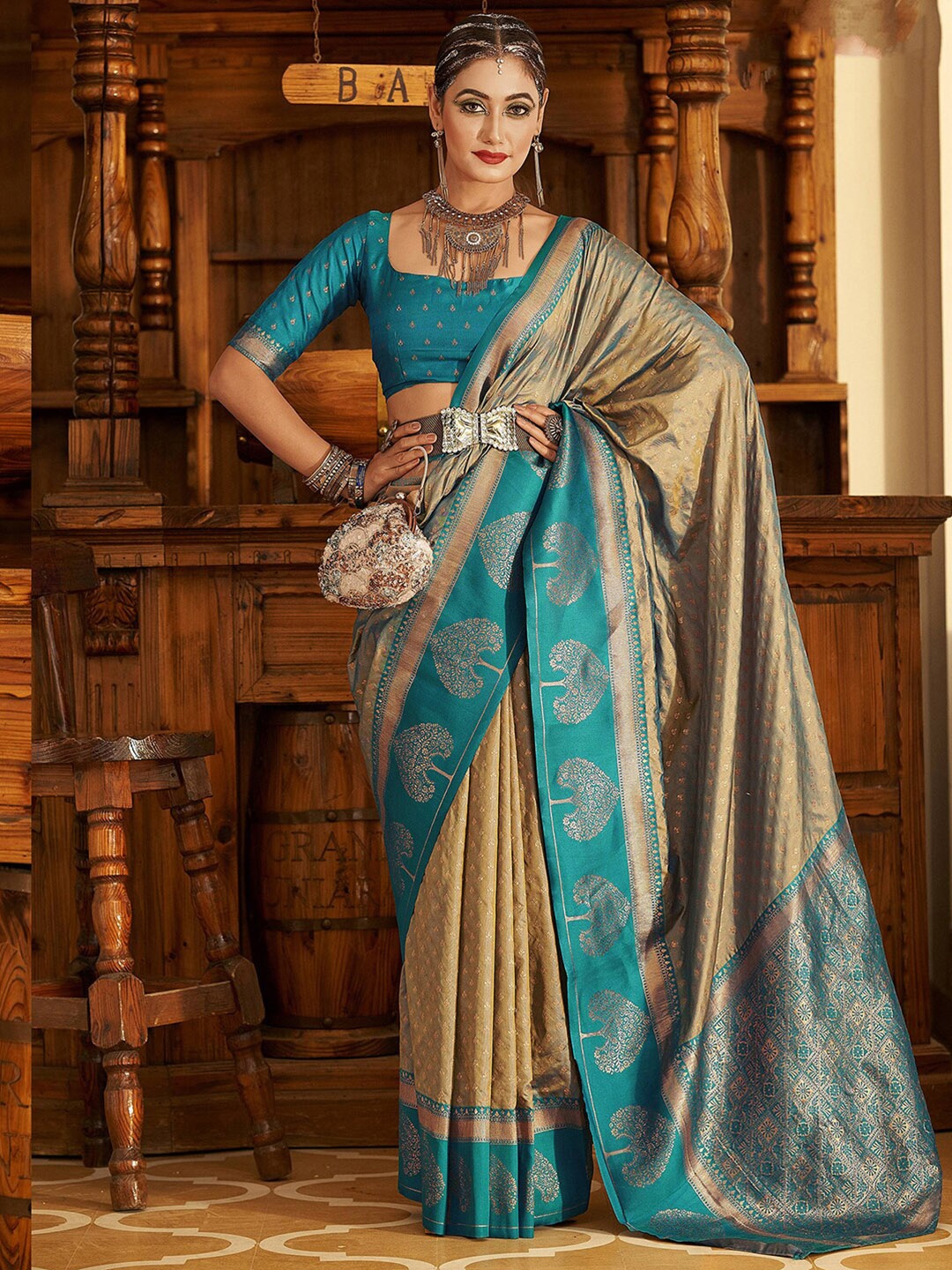 

Mitera Woven Design Zari Saree, Teal