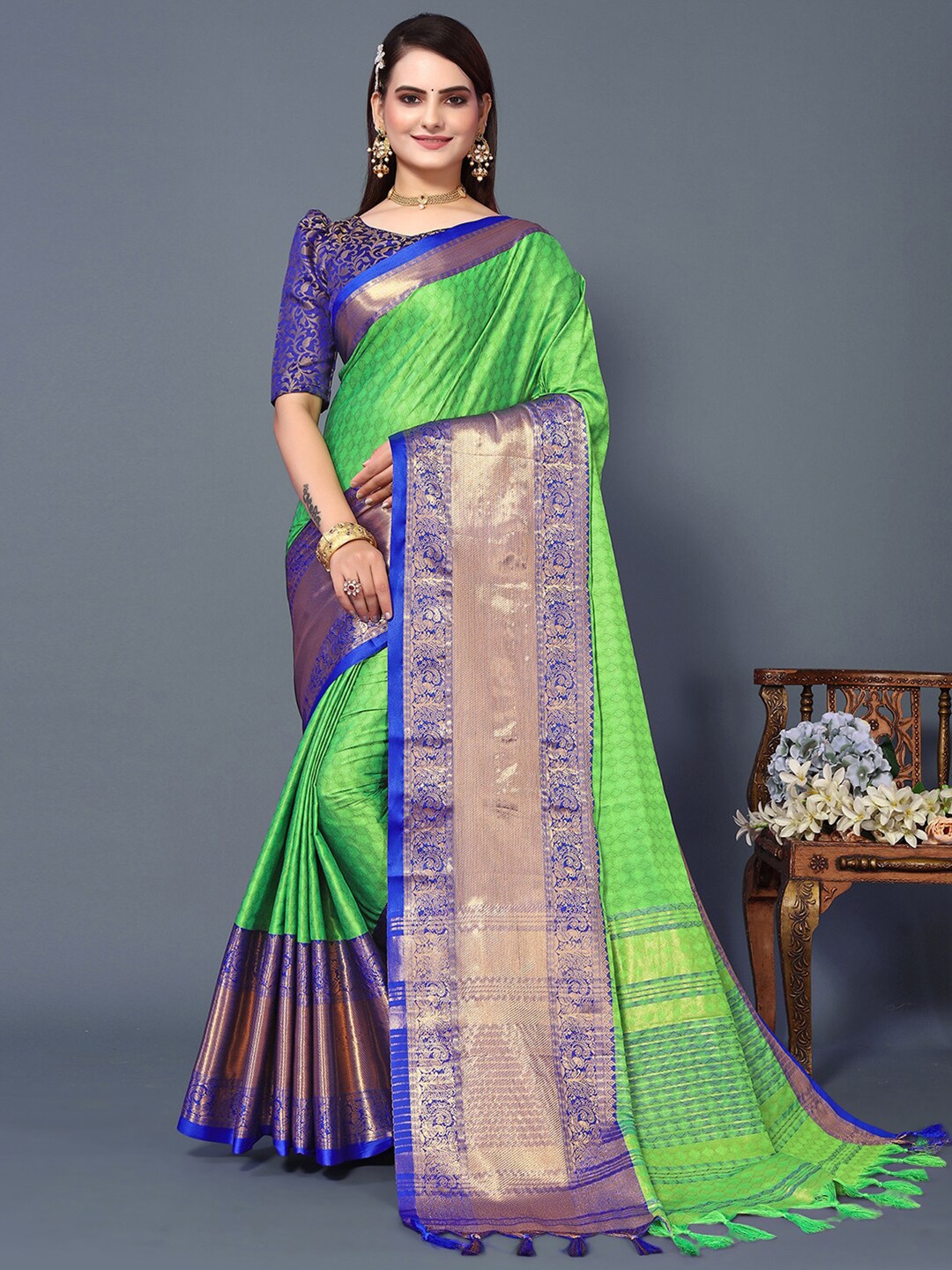 

Mitera Green & Blue Ethnic Motifs Woven Design Zari Silk Cotton Saree