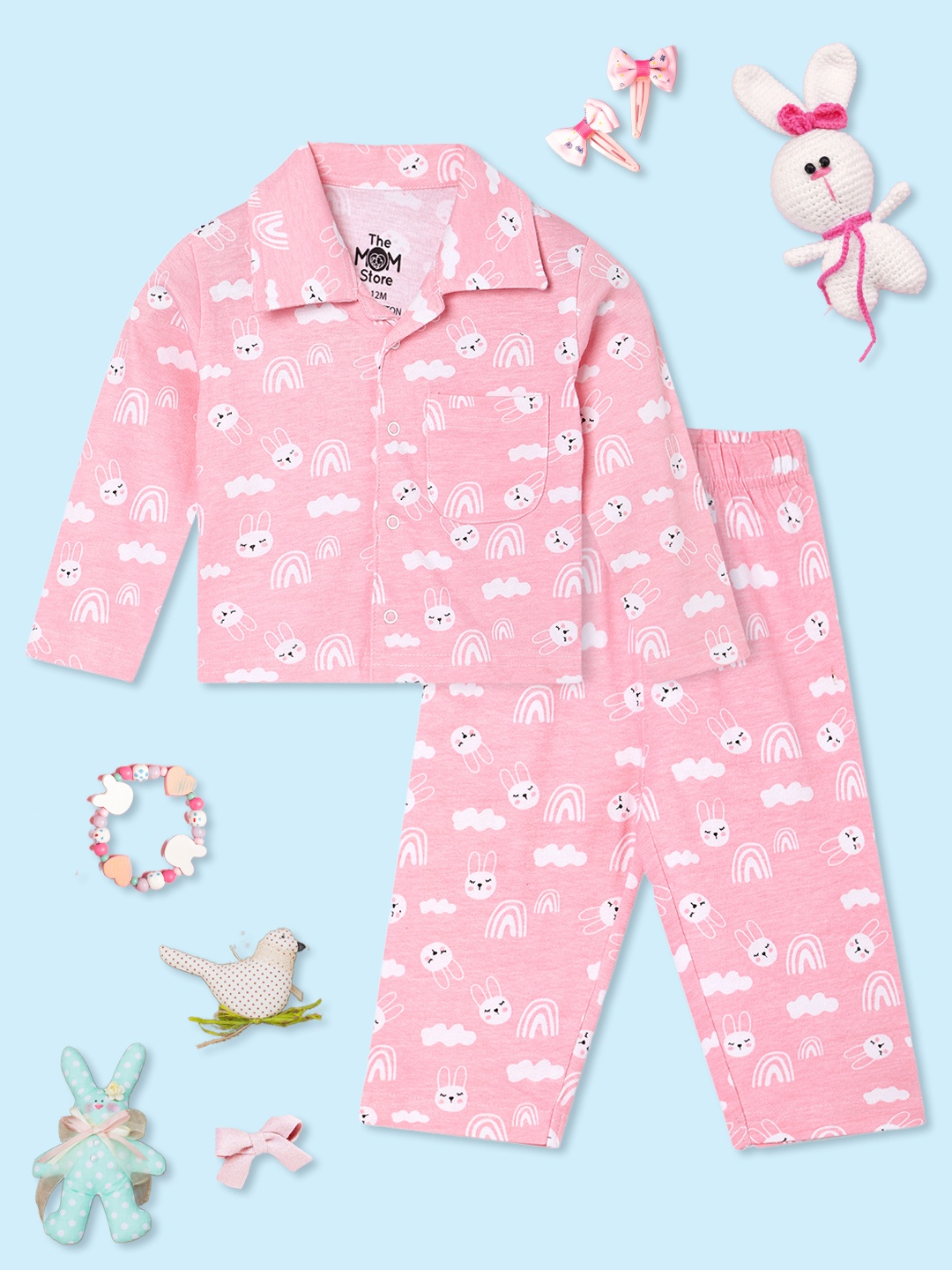 

The Mom Store Unisex Kids Conversational Printed Shirt Collar Pure Cotton Shirt & Pyjama, Pink