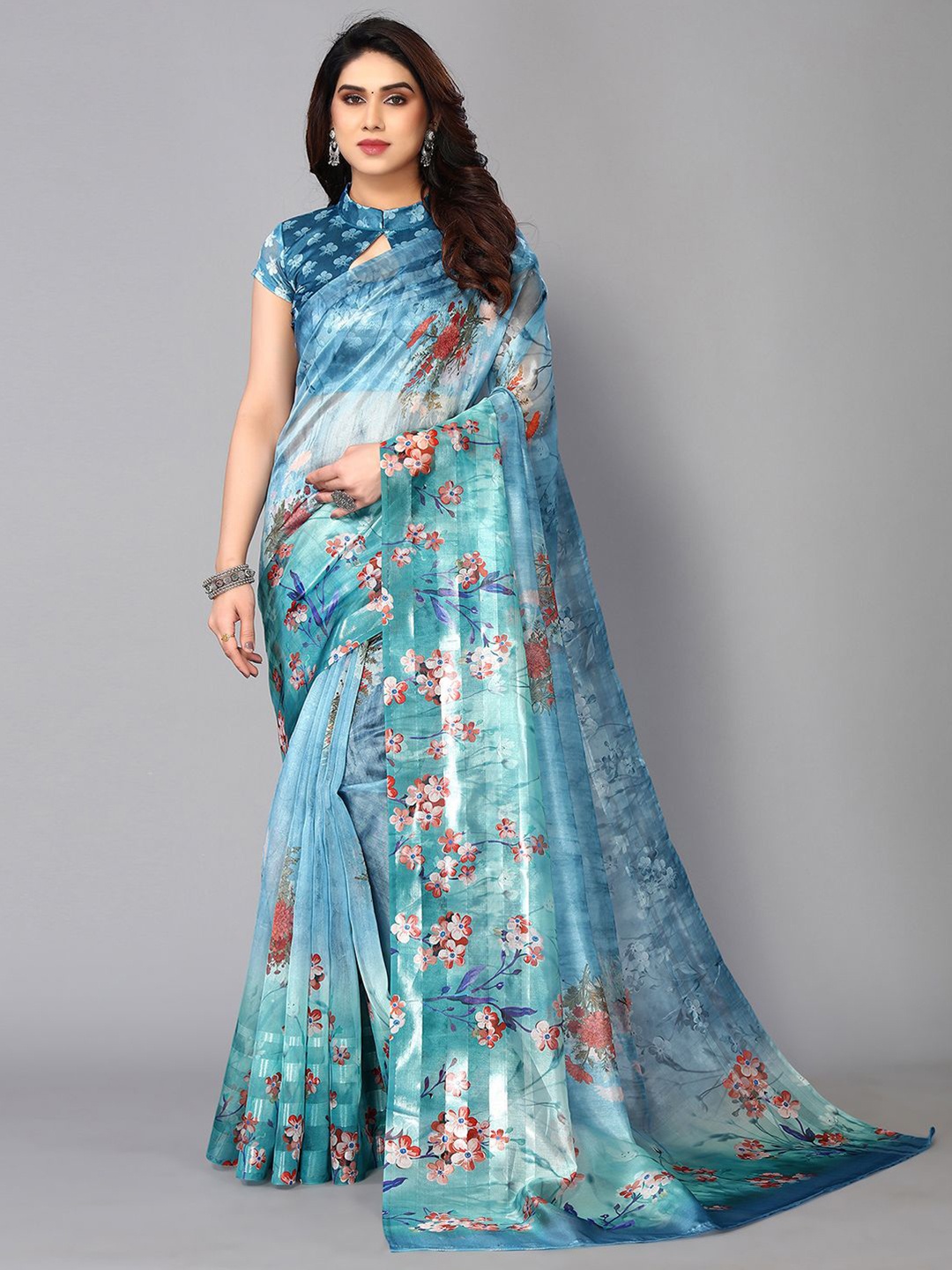 

SIRIL Floral Printed Tissue Saree, Turquoise blue