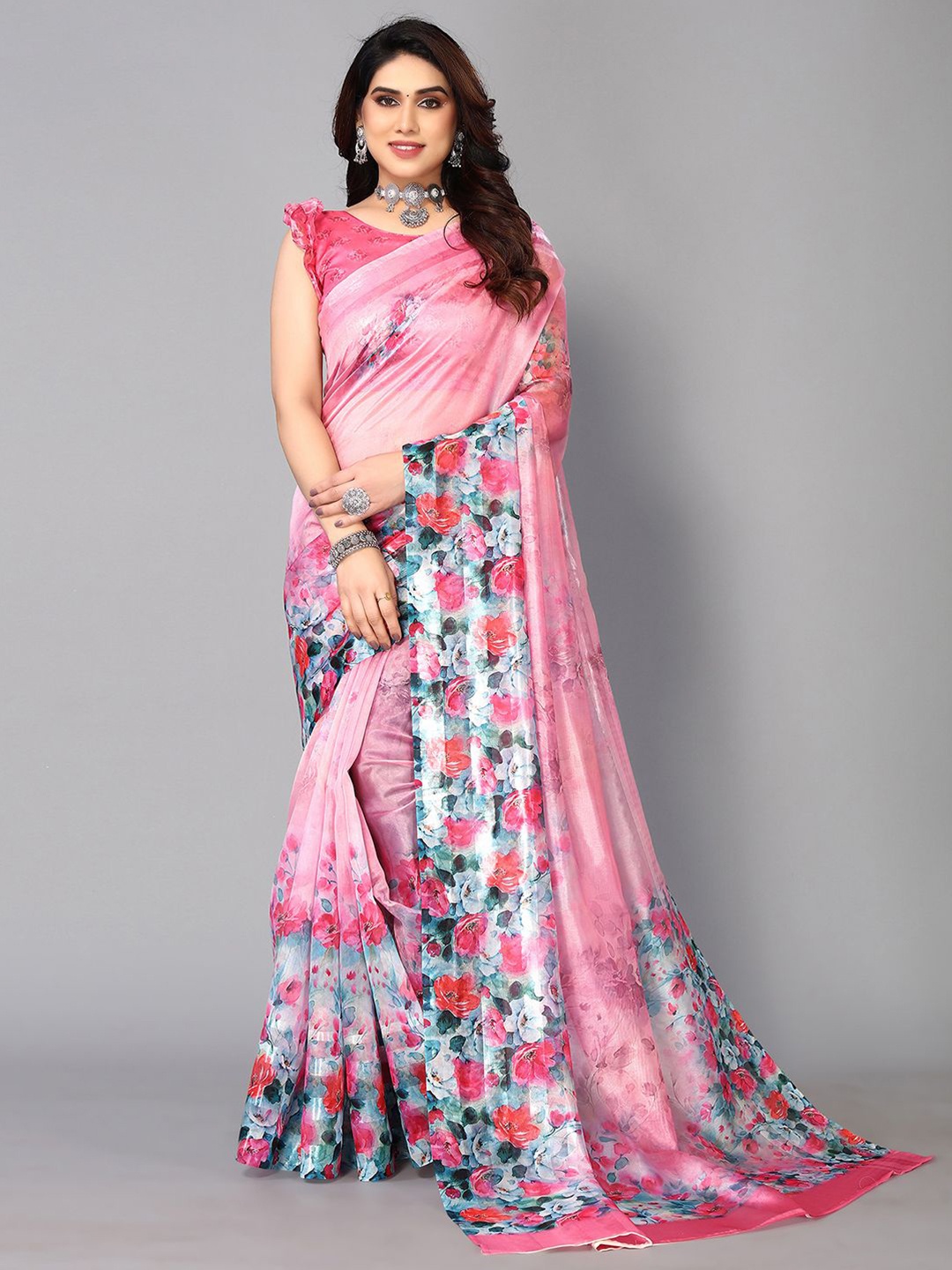 

SIRIL Floral Printed Tissue Saree, Peach