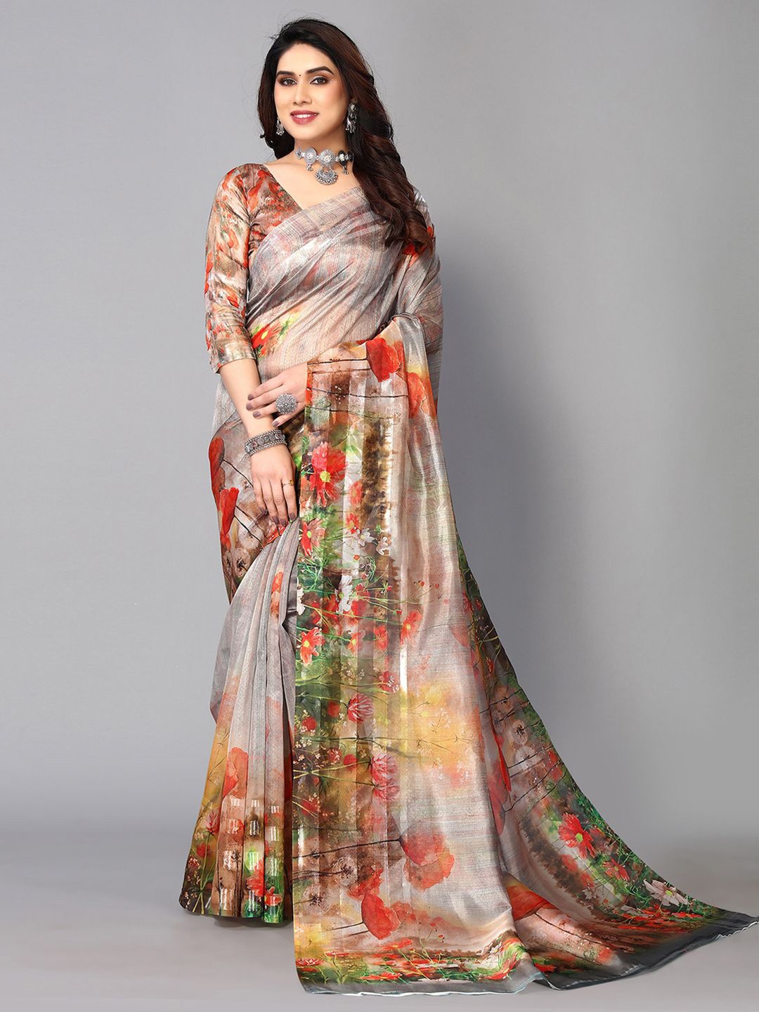 

SIRIL Floral Printed Tissue Saree, Grey