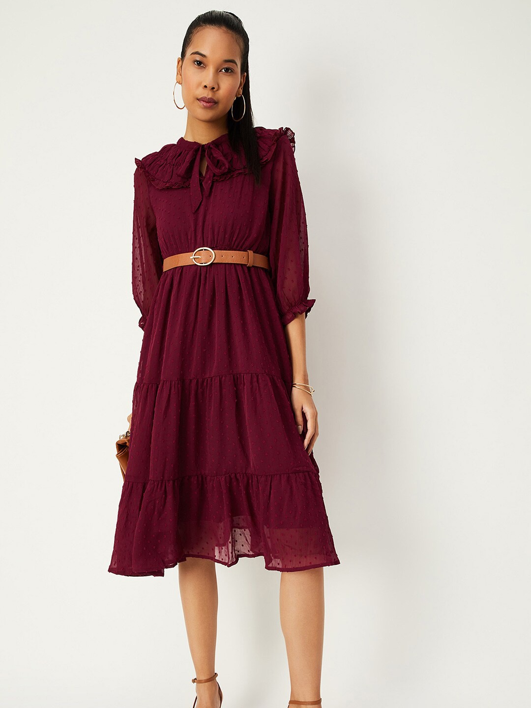 

max Self Design Tie Up Neck Ruffles Detail Puff Sleeves Fit & Flare Dress, Burgundy
