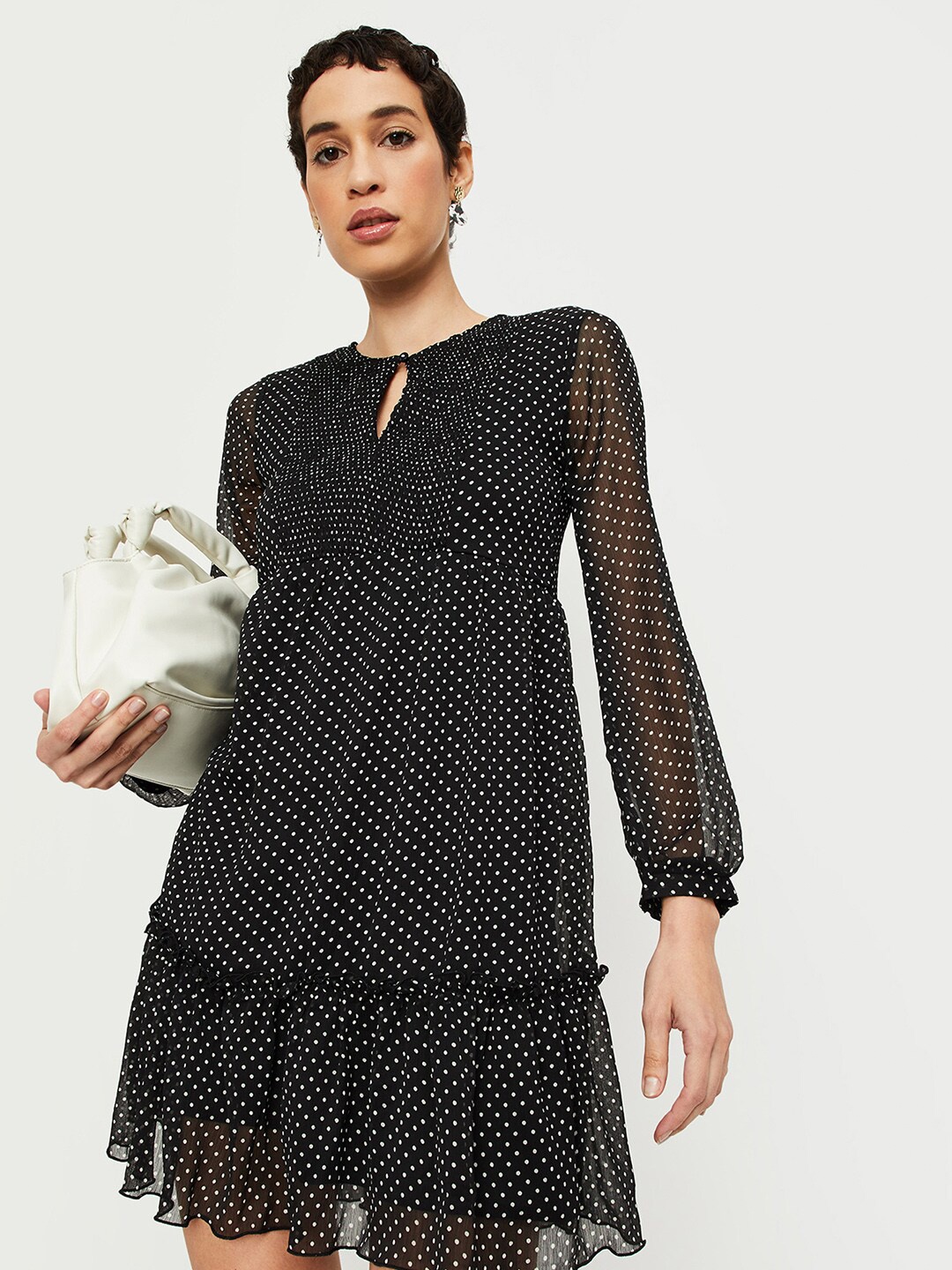 

max Black Polka Dot Printed Keyhole Neck A-Line Dress