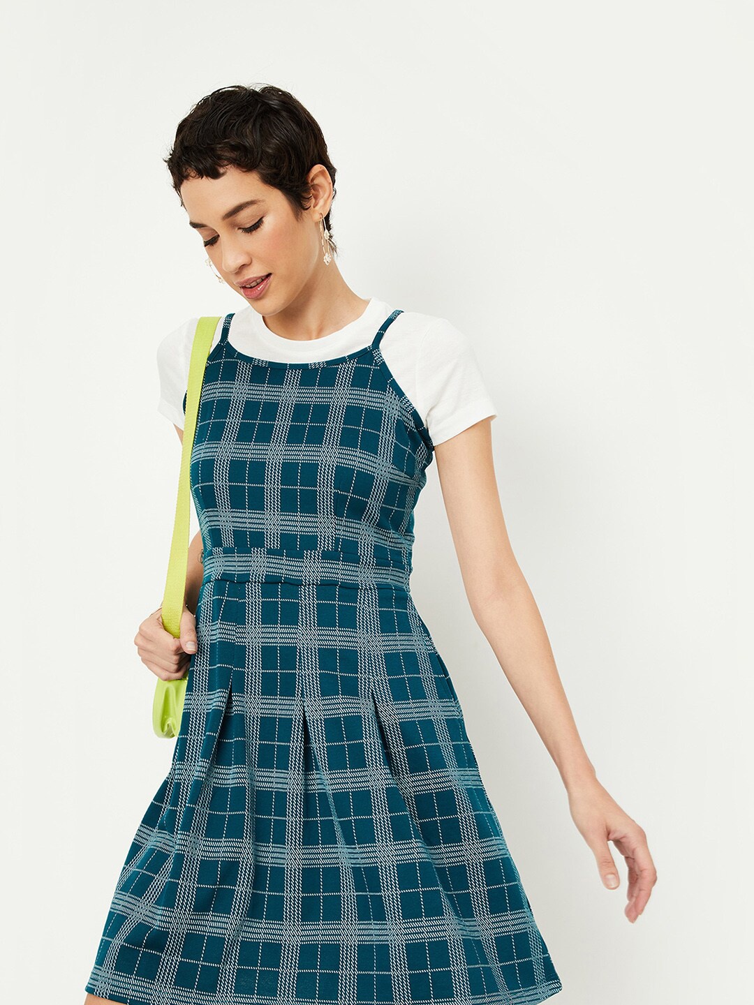 

max Checked Shoulder Straps Fit & Flare Dress, Teal