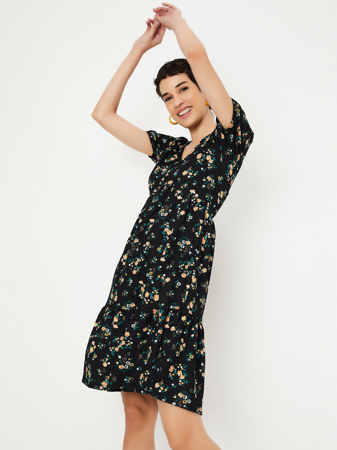 

max Black Floral Printed V-Neck A-Line Dress