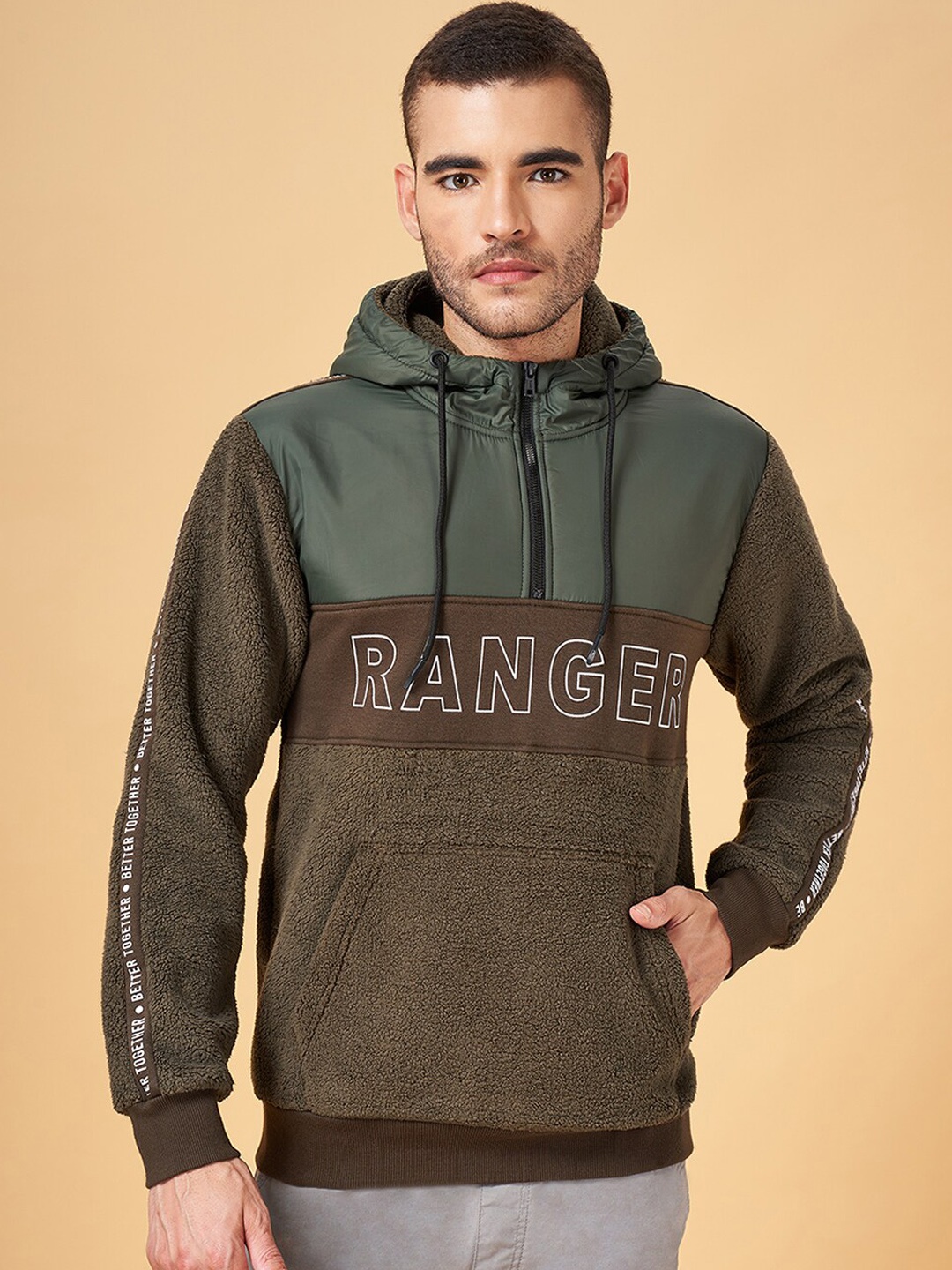 

Urban Ranger by pantaloons Typography Printed Hooded Sporty Jacket, Olive