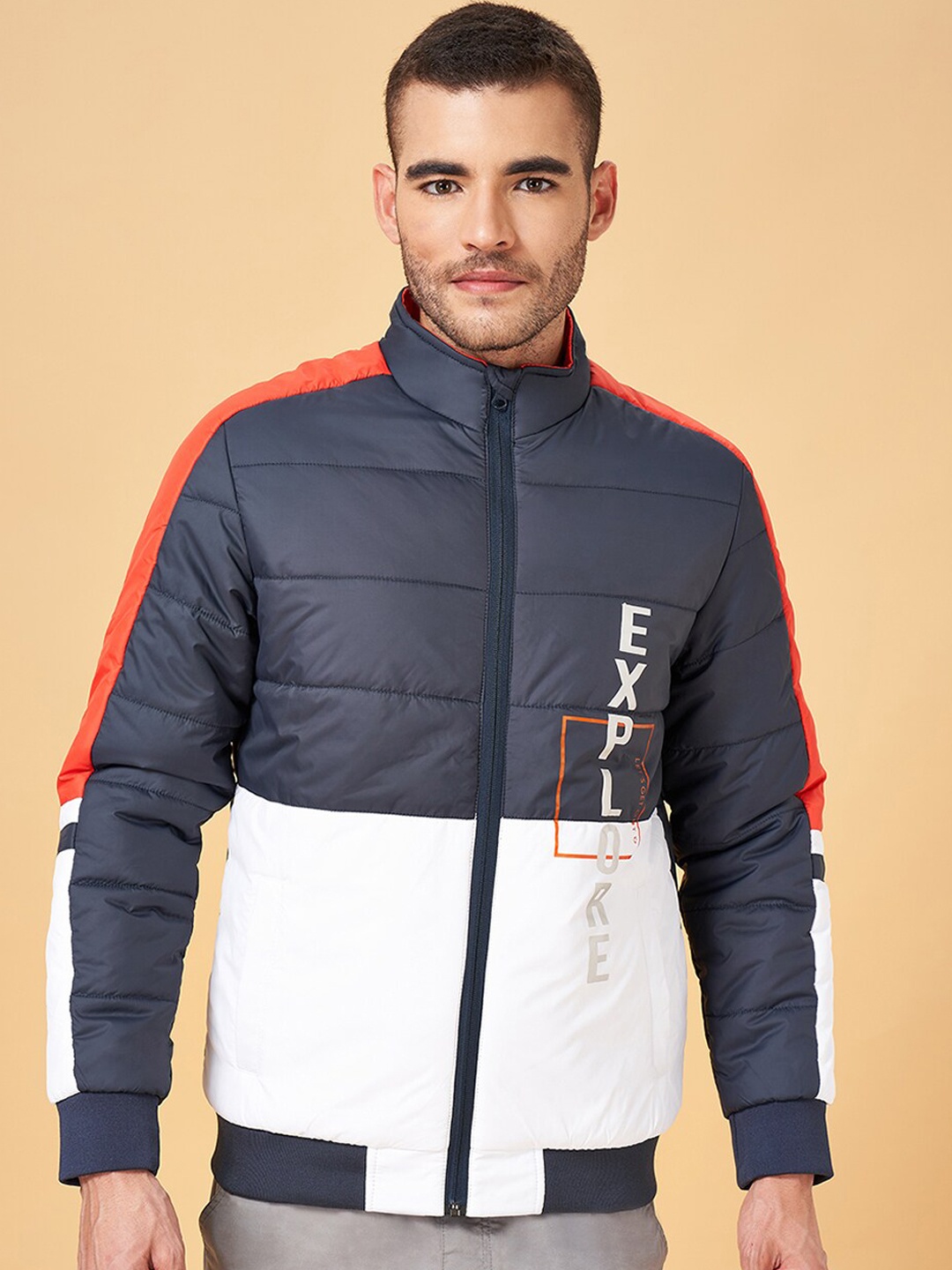 

Urban Ranger by pantaloons Colourblocked Mock Collar Puffer Jacket, Navy blue