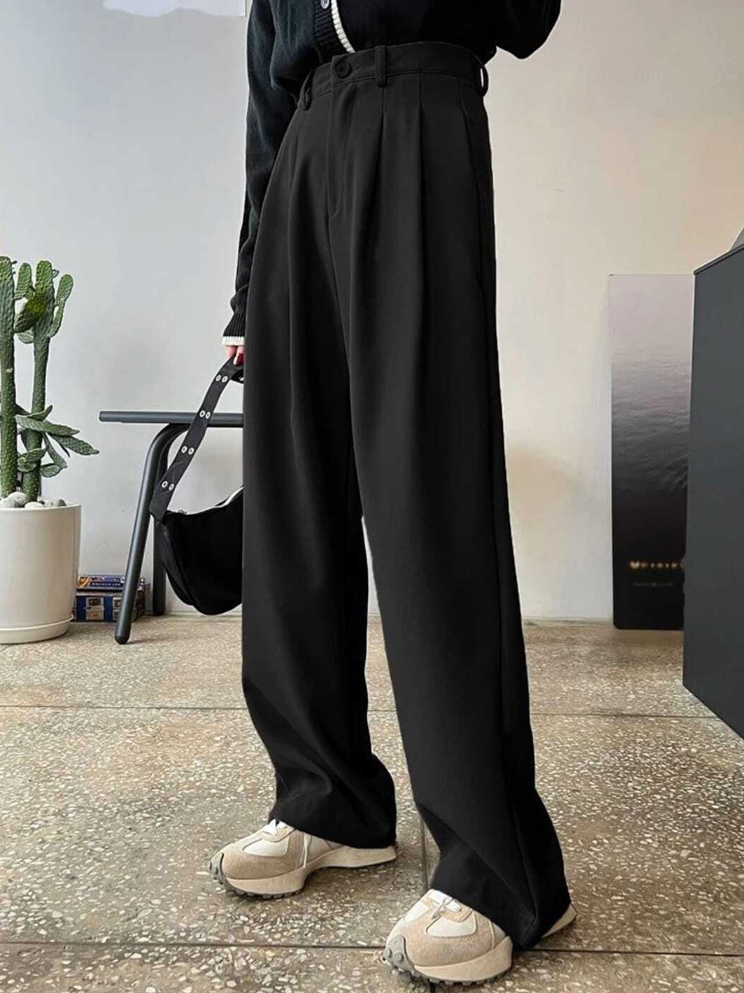 

Next One Women High-Rise Pleated Korean Trousers, Black