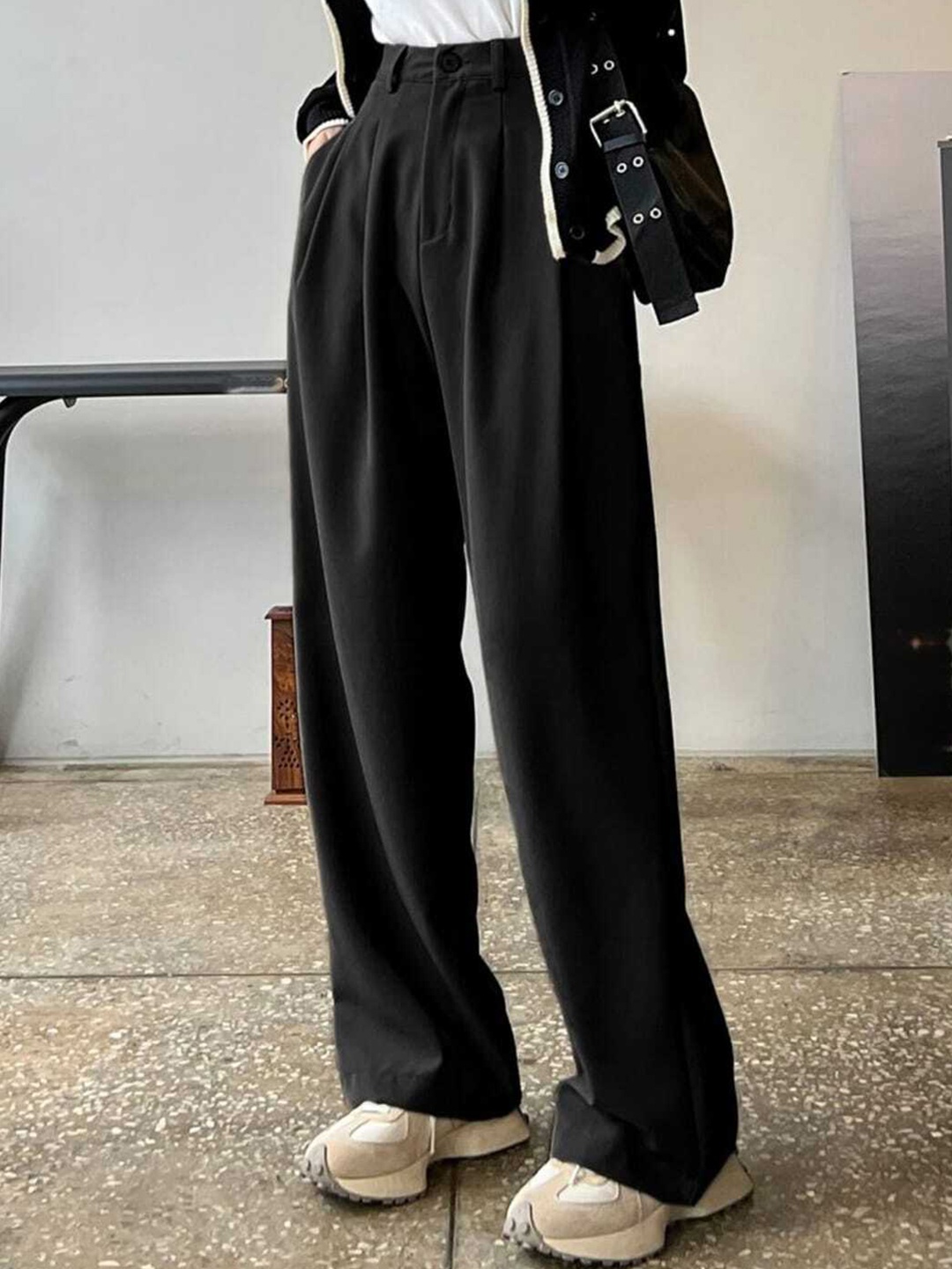 

Next One Women High-Rise Pleated Korean Trousers, Black