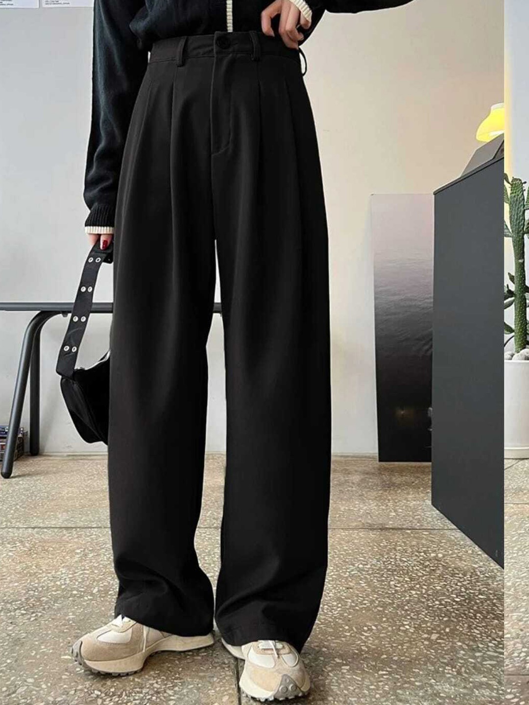 

Next One Women High-Rise Pleated Korean Trousers, Black