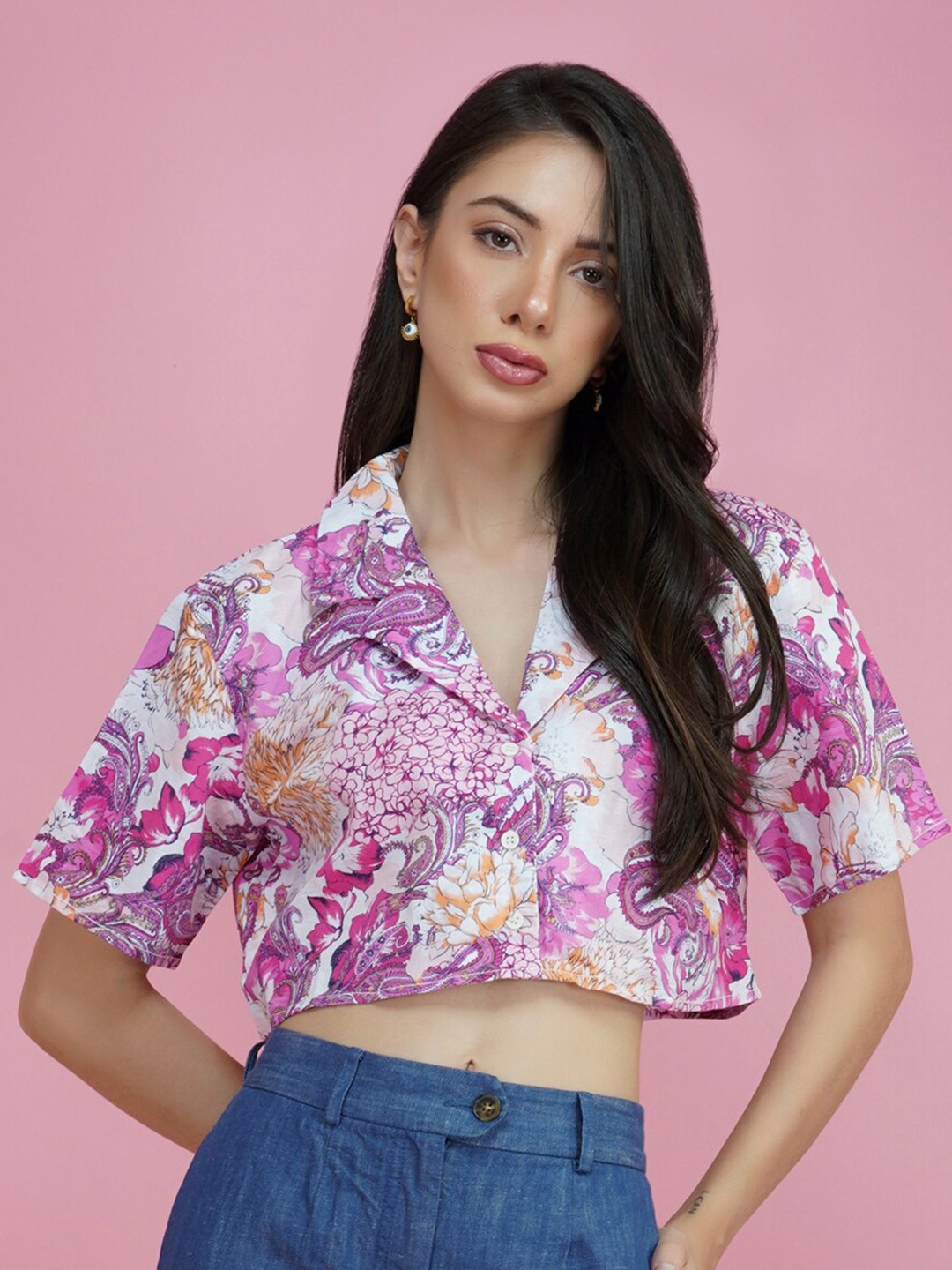

DELAN Floral Printed Linen Shirt Style Crop Top, Pink