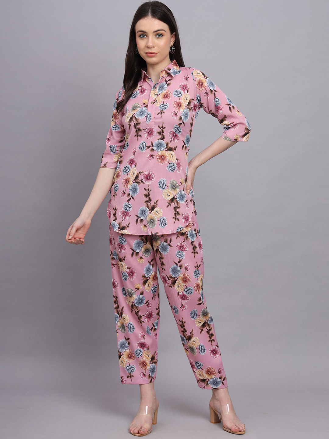 

BAESD Floral Printed Shirt Collar Top With Trousers, Pink