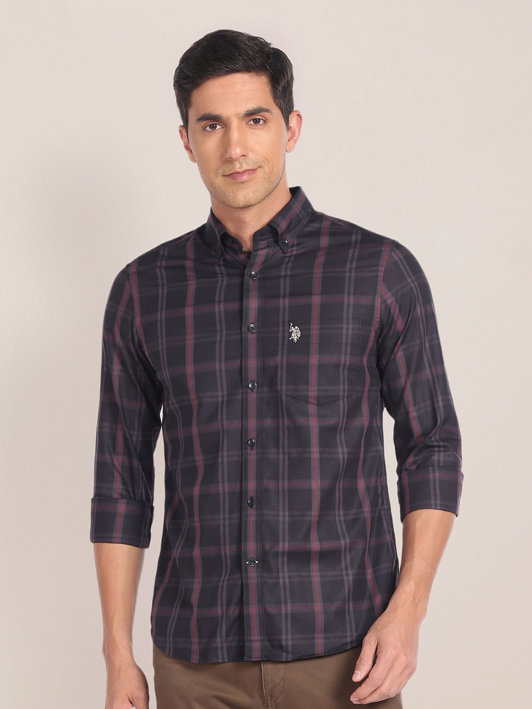 

U.S. Polo Assn. Tartan Checks Button Down Collar Pure Cotton Casual Shirt, Grey