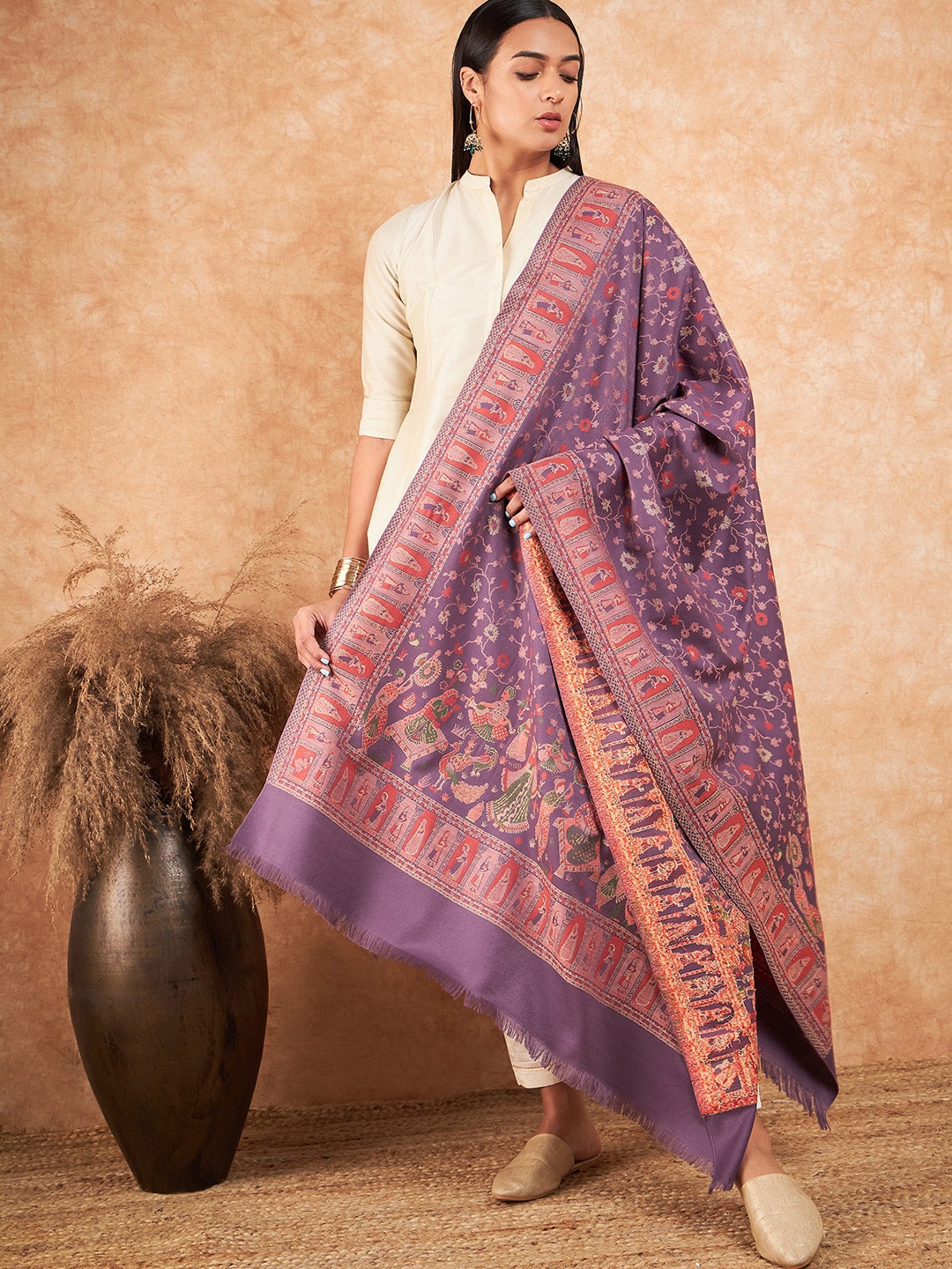 

HK colours of fashion Ethnic Motifs Woven Design Woollen Shawl, Purple
