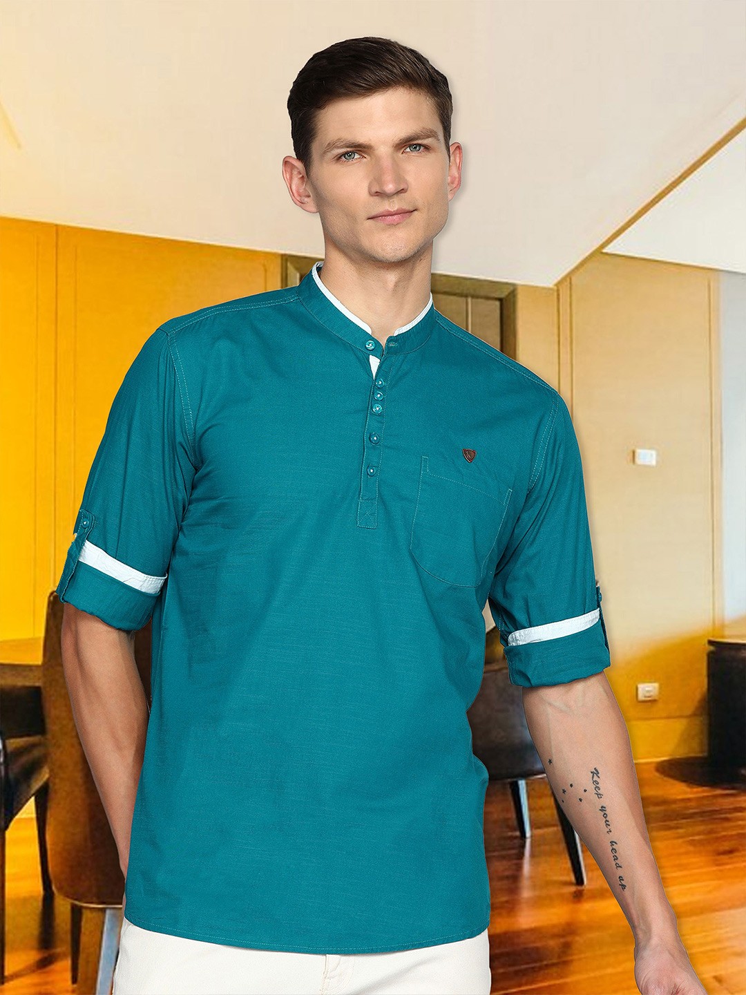 

Kuons Avenue Mandarin Collar Roll Up Sleeves Linen Cotton Kurta, Blue