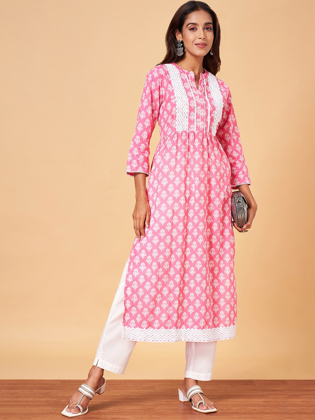 

YU by Pantaloons Ethnic Motifs Printed Thread Work Pure Cotton Kurta With Palazzos, Pink