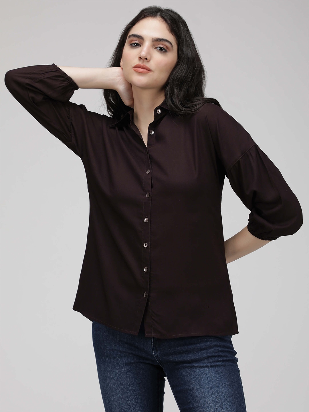 

IDK Shirt Collar Puff Sleeves Shirt Style Top, Maroon