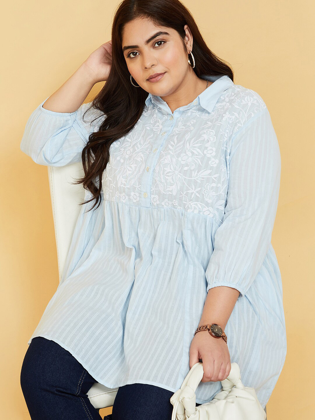 

max Striped Embroidered Shirt Collar Pure Cotton Tunic, Blue