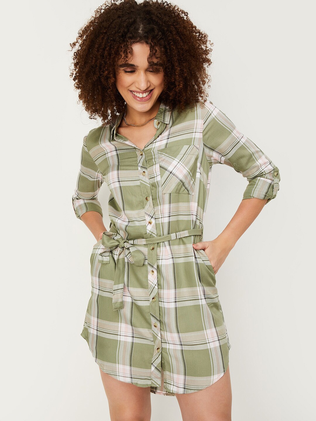 

max Checked Shirt Collar Belted Shirt Dress, Green