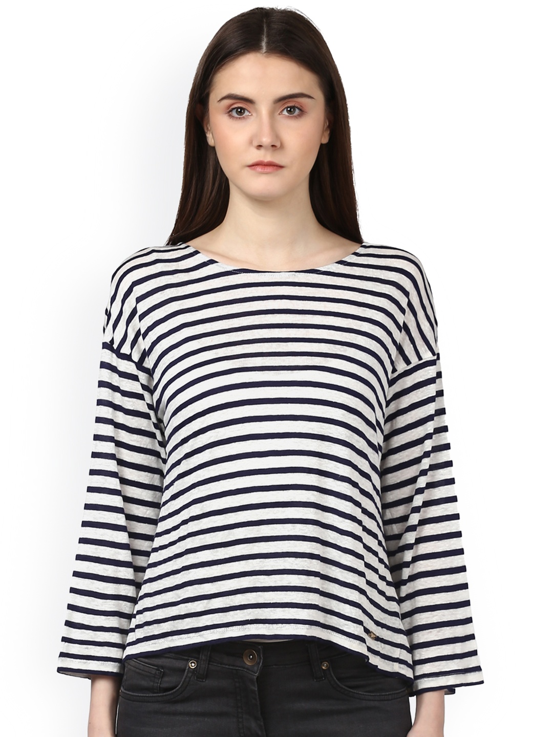 

Park Avenue Women Blue Striped Round Neck T-shirt