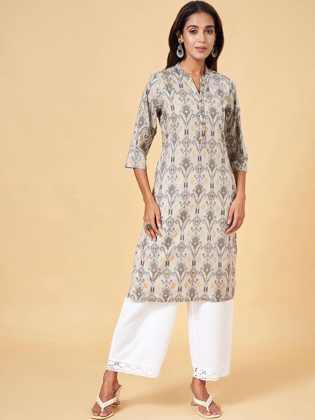 

RANGMANCH BY PANTALOONS Abstract Printed Mandarin Collar Cotton Straight Kurta, Grey