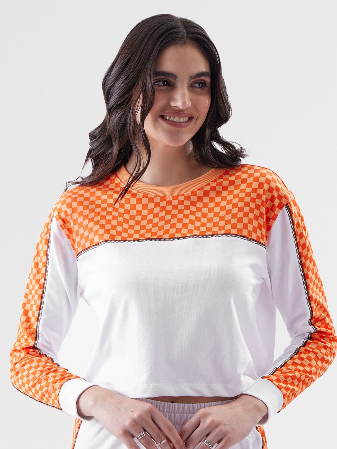 

The Souled Store White & Orange Checked Oversized Cropped T-shirt