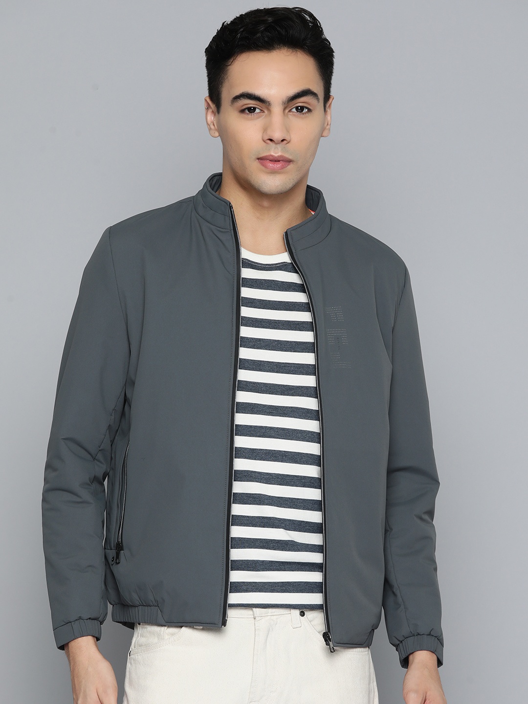 

Fort Collins Stand Collar Bomber Jacket, Grey