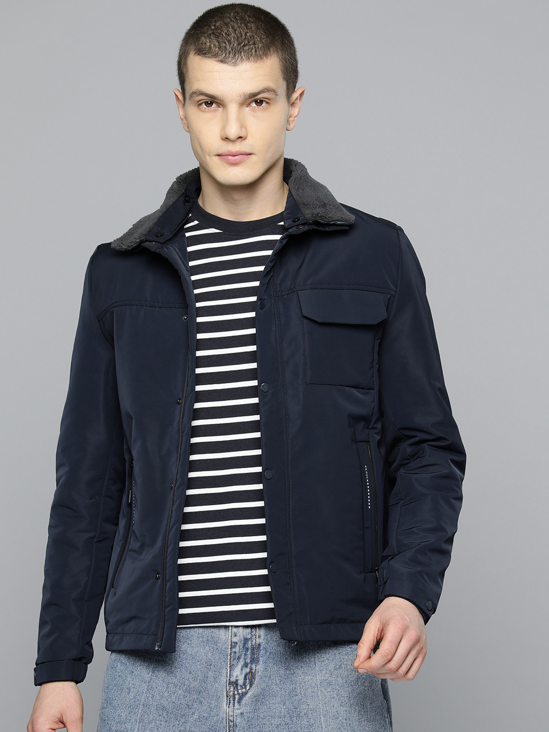 

Fort Collins Tailored Jacket With Detachable Faux-Fur Collar, Navy blue
