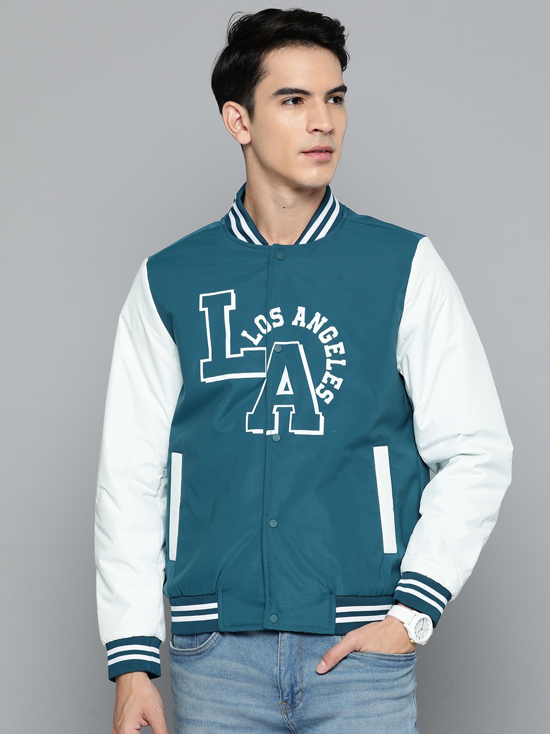 

Fort Collins Typography Printed Varsity Jacket, Blue