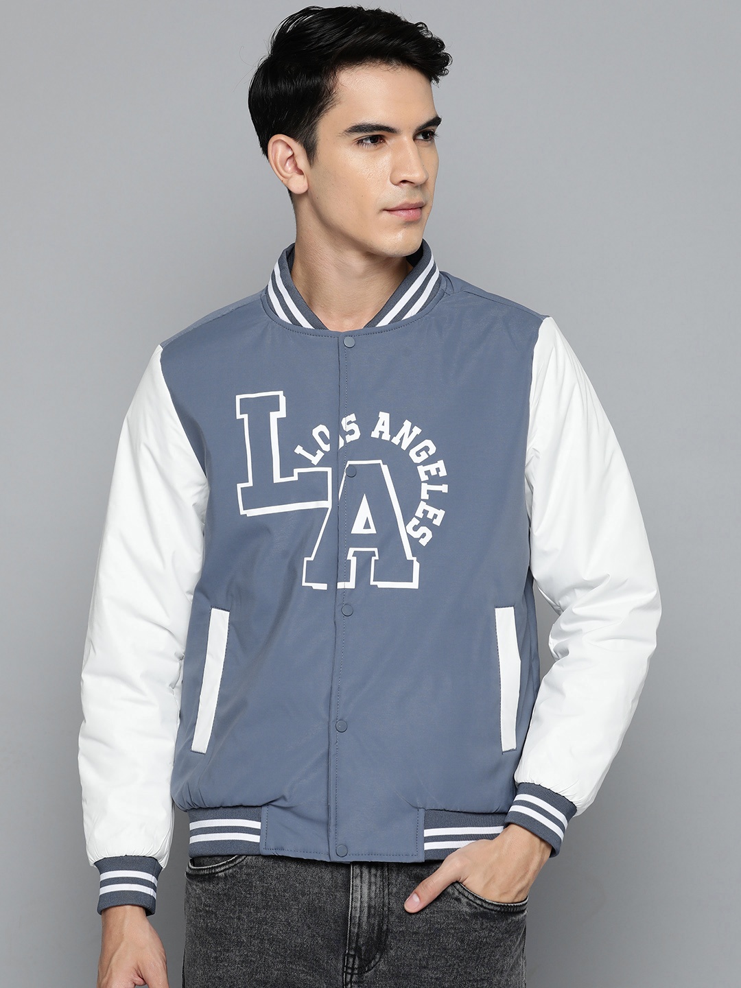 

Fort Collins Color-blocked Bomber Varsity Jacket, Grey