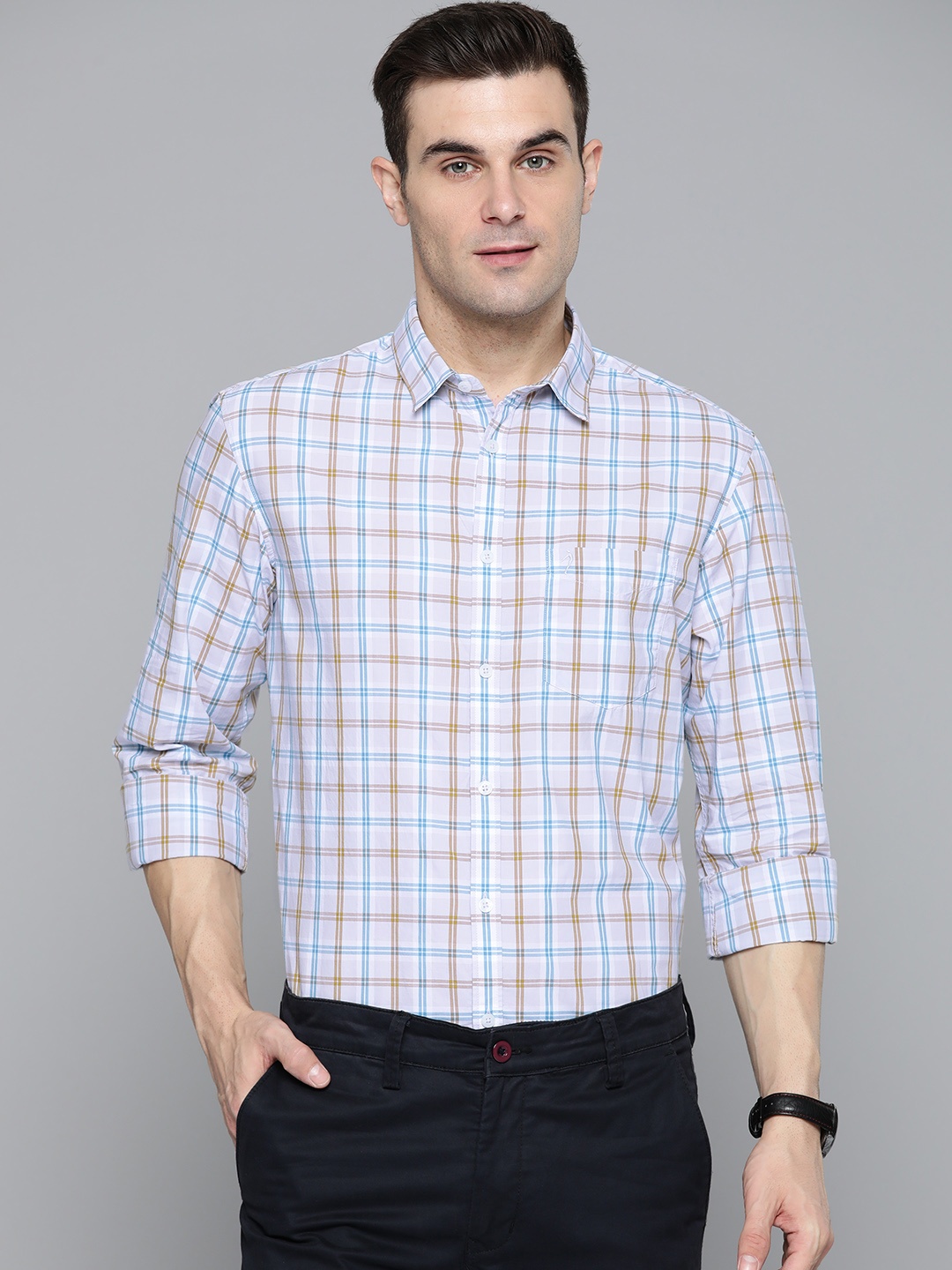 

Indian Terrain Men Slim Fit Pure Cotton Checked Casual Shirt, Blue
