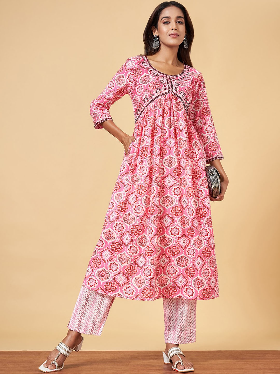 

YU by Pantaloons Ethnic Motifs Printed Mirror Work Empire Pure Cotton Kurta With Palazzos, Pink