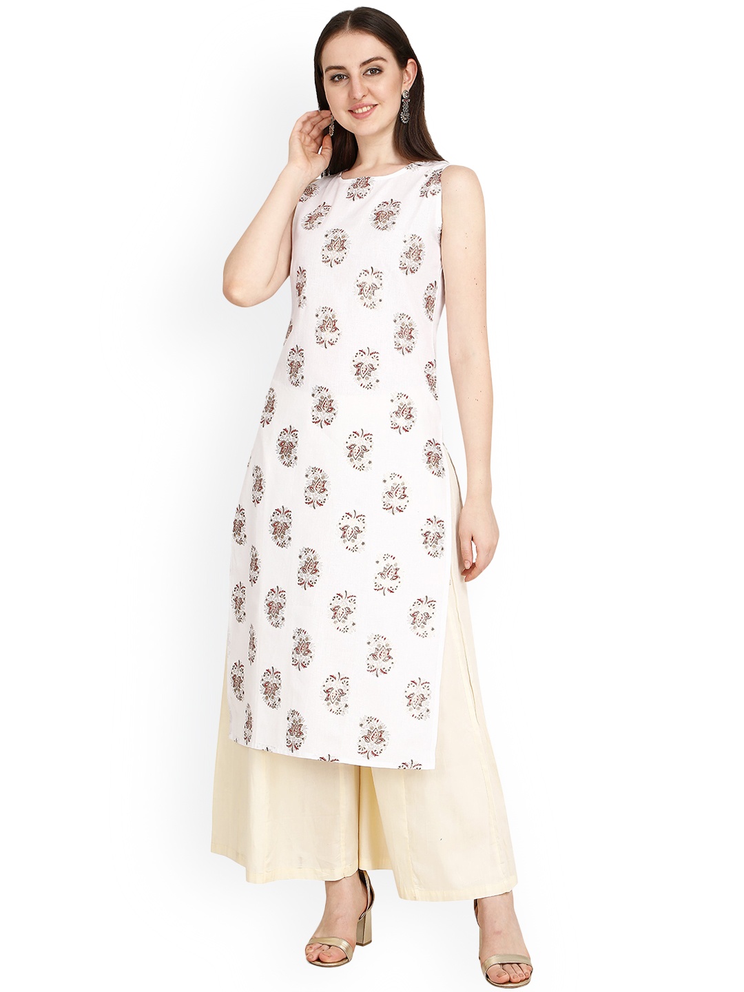 

RGHT Floral Printed Boat Neck Sleeveless Straight Kurta, White