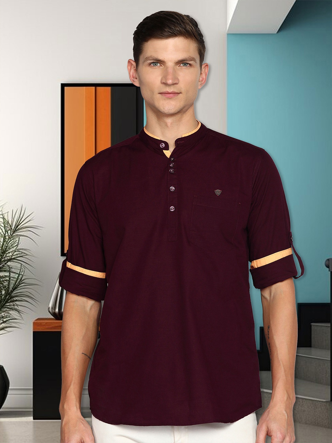 

Kuons Avenue Mandarin Collar Roll Up Sleeves Linen Cotton Kurta, Burgundy