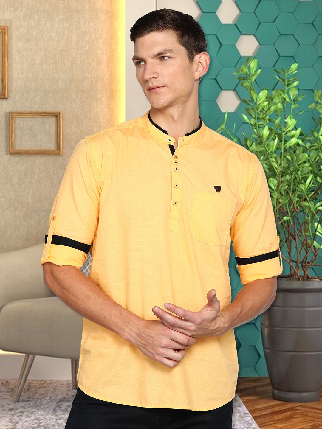 

Kuons Avenue Mandarin Collar Roll Up Sleeves Linen Cotton Kurta, Peach