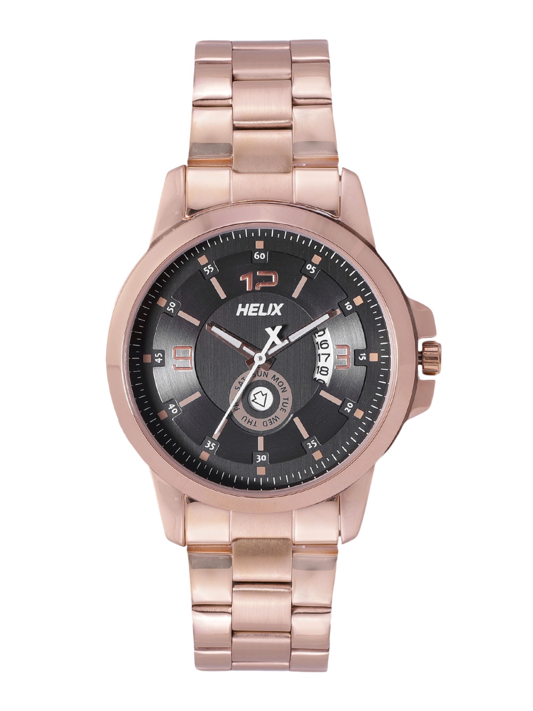 

Helix Men Black Dial & Rose Gold-Toned Bracelet Style Straps Analogue Watch TW023HG18