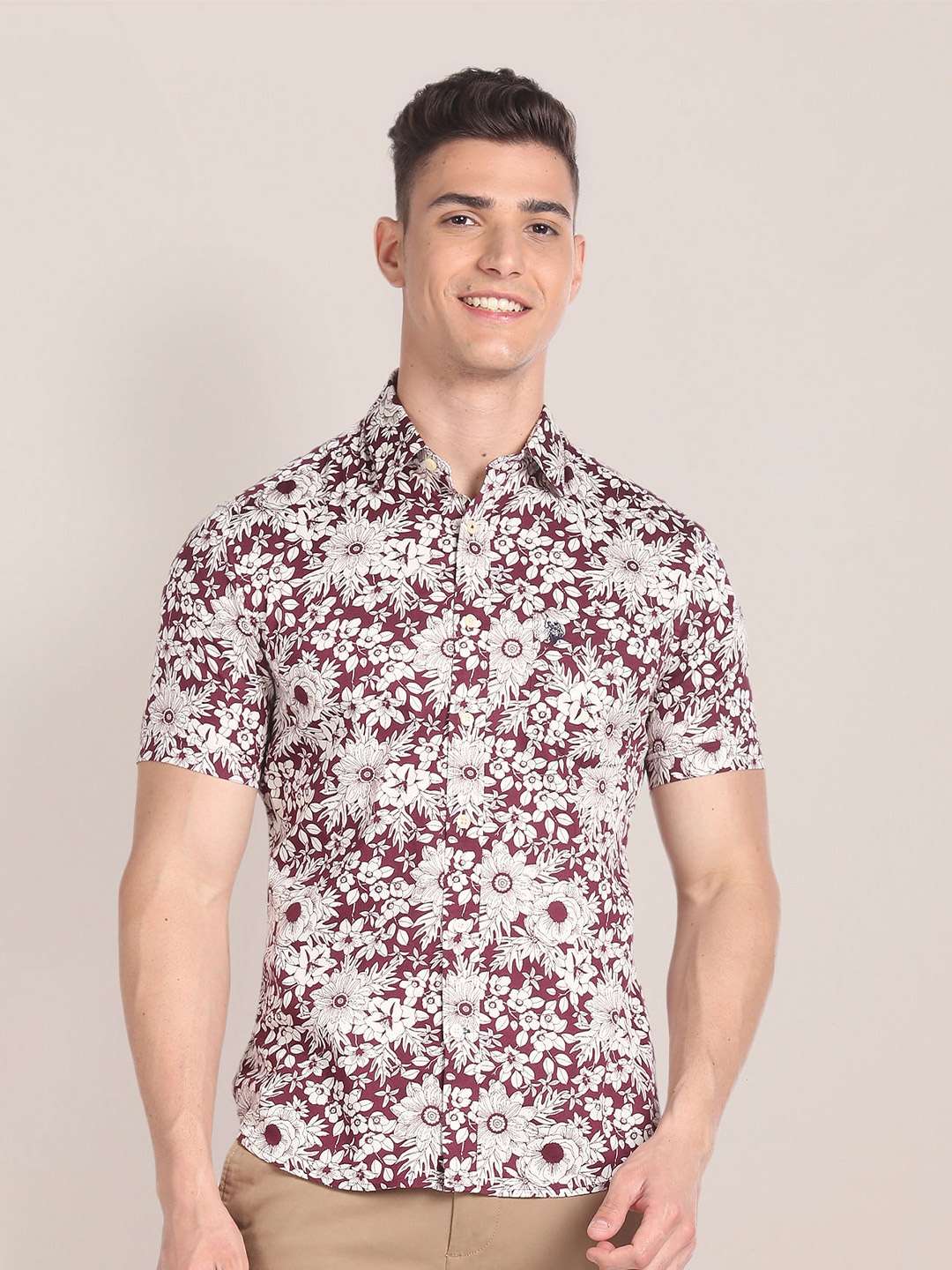 

U.S. Polo Assn. Floral Printed Twill Weave Pure Cotton Casual Shirt, Burgundy