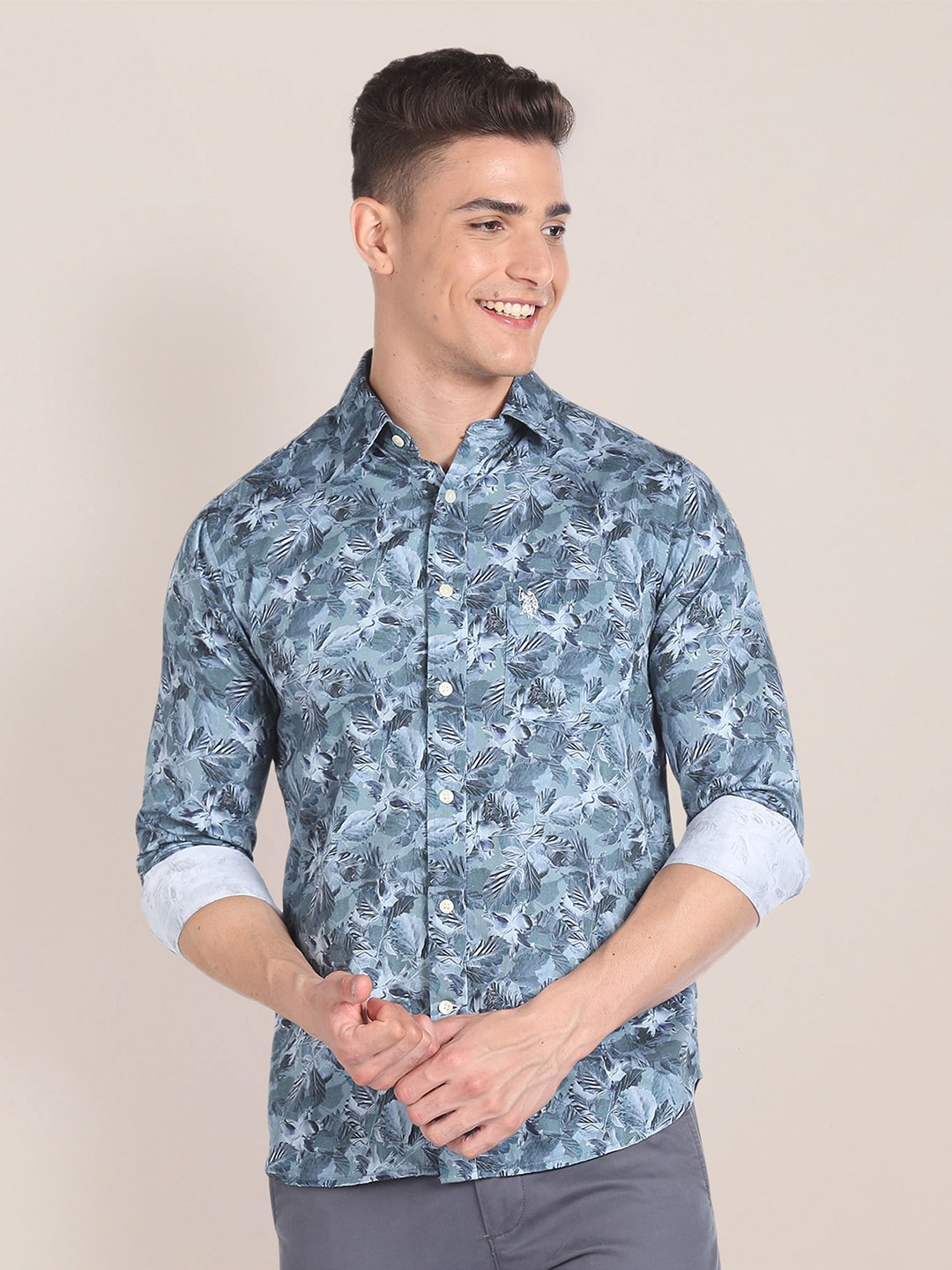 

U.S. Polo Assn. Floral Printed Twill Weave Pure Cotton Casual Shirt, Blue
