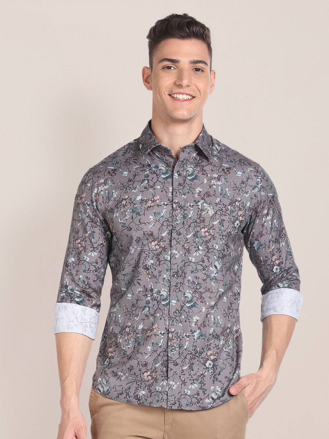 

U.S. Polo Assn. Floral Printed Twill Weave Pure Cotton Casual Shirt, Grey