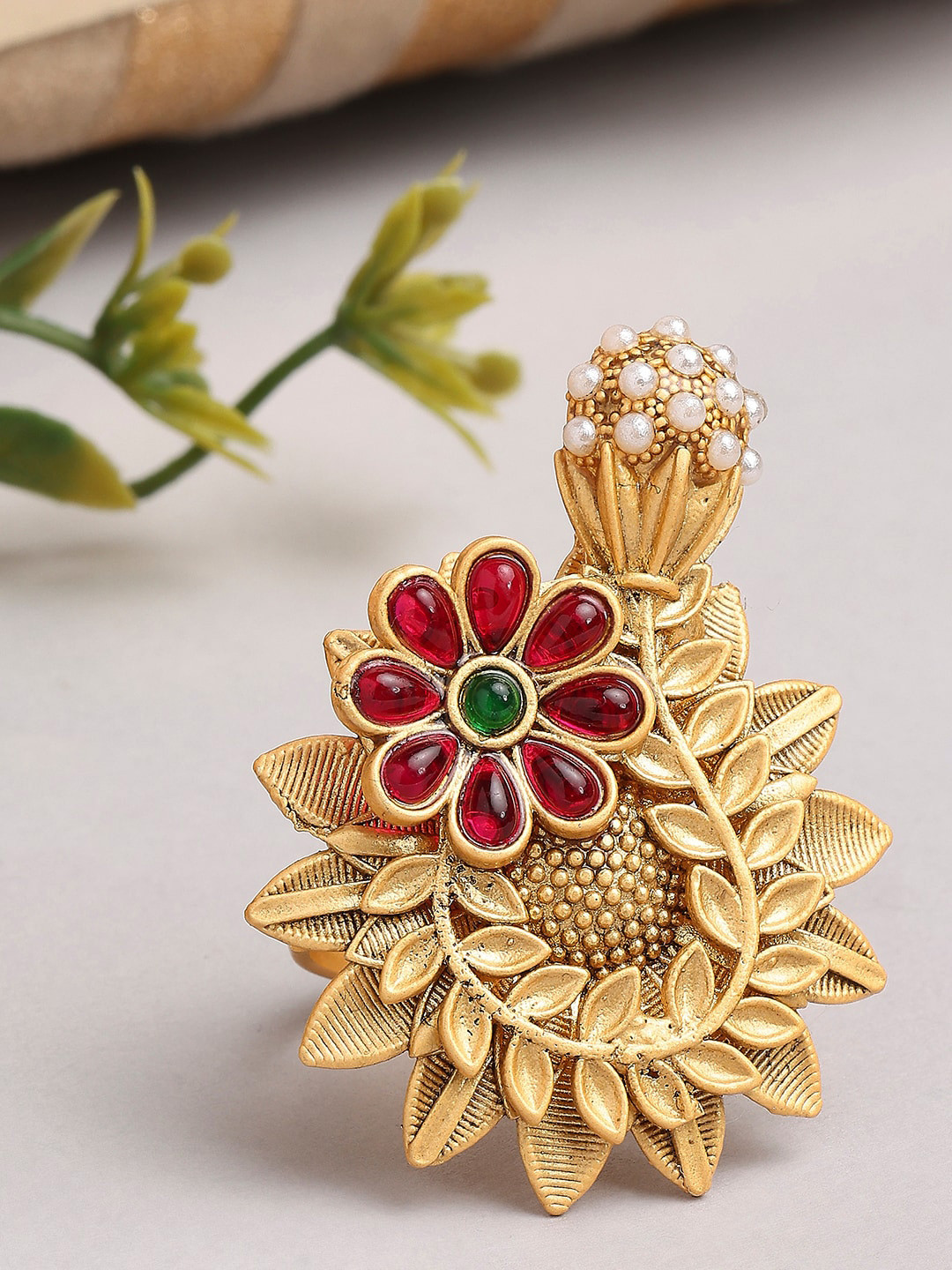 

OOMPH Gold-Plated Stone-Studded Adjustable Finger Ring