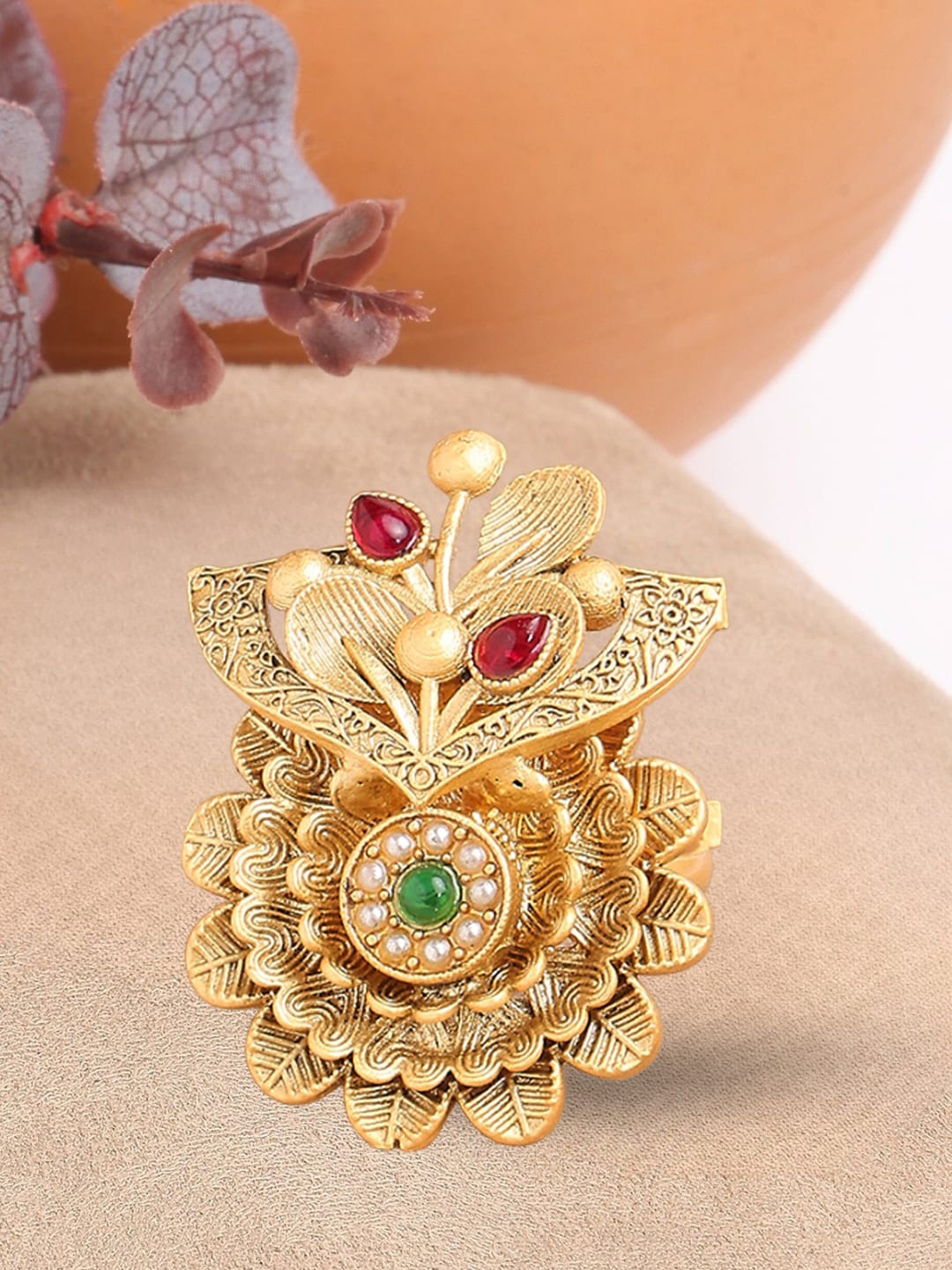 

OOMPH Gold-Plated Stone-Studded Floral Adjustable Finger Ring