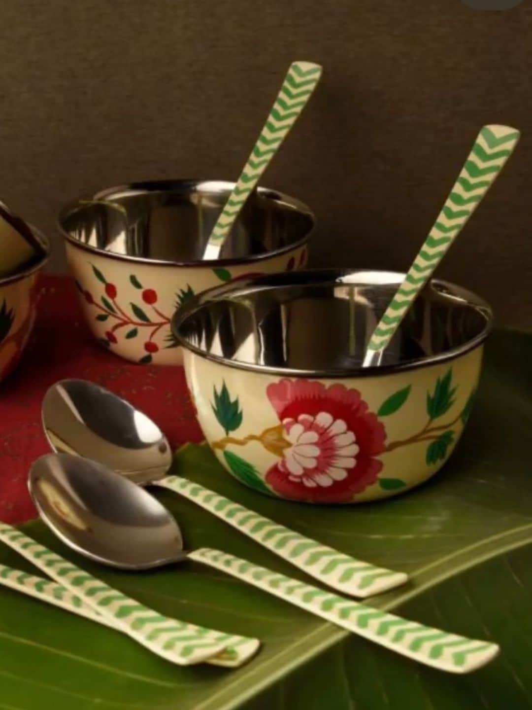 

Indikluster Upahaar Beige 2 Pieces Printed Stainless Steel Bowls with Spoons