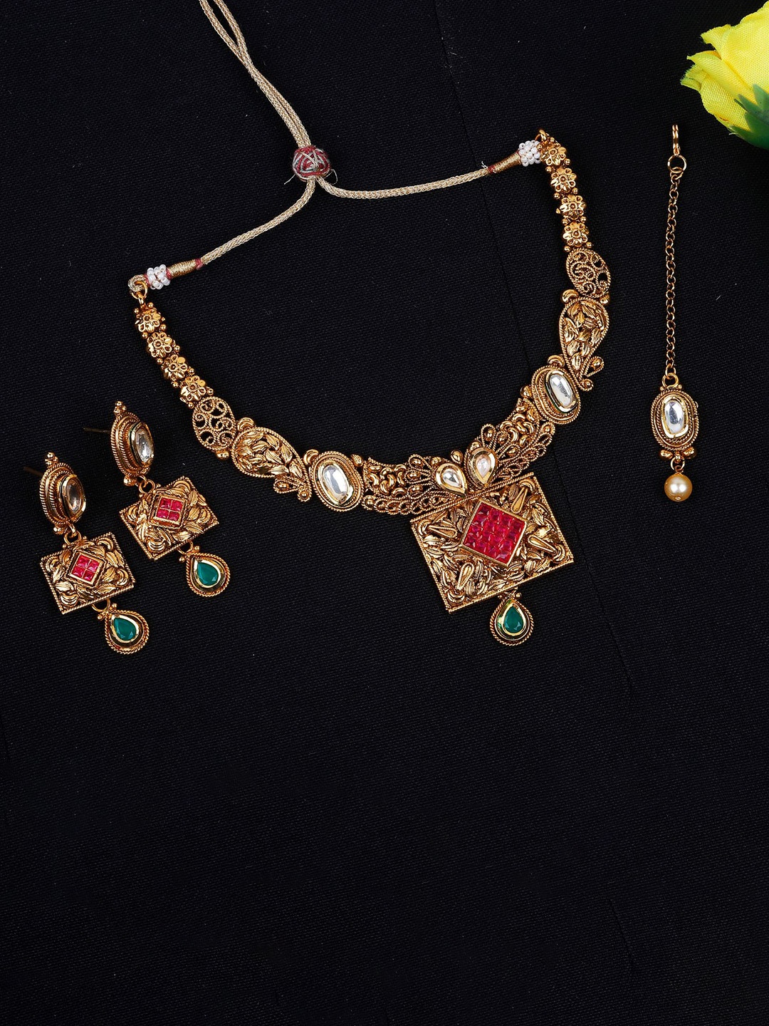 

FIROZA Gold-Plated Kundan Studded Necklace & Earrings With Maang Tika