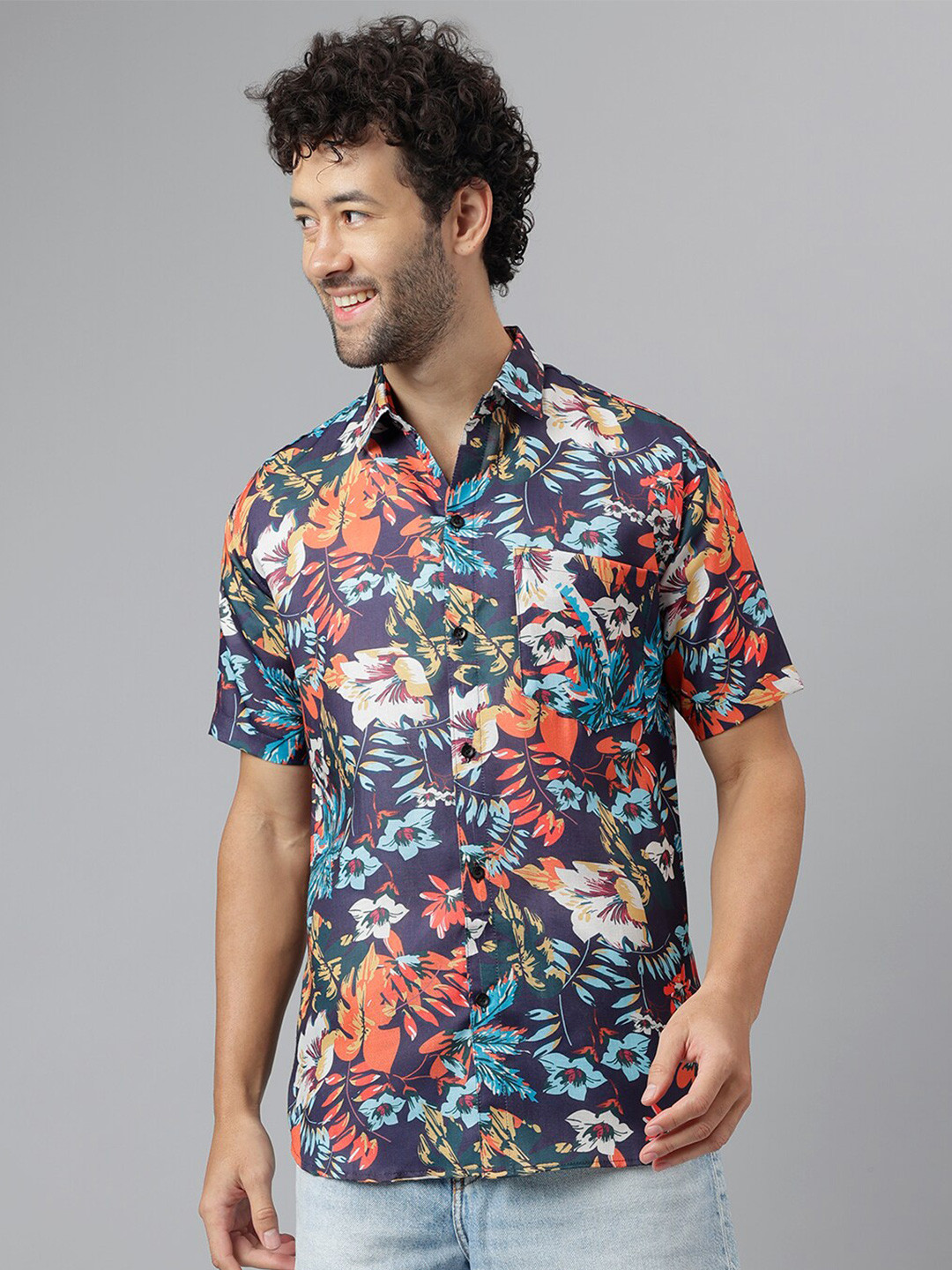 

RIAG Tropical Opaque Printed Cotton Casual Shirt, Navy blue