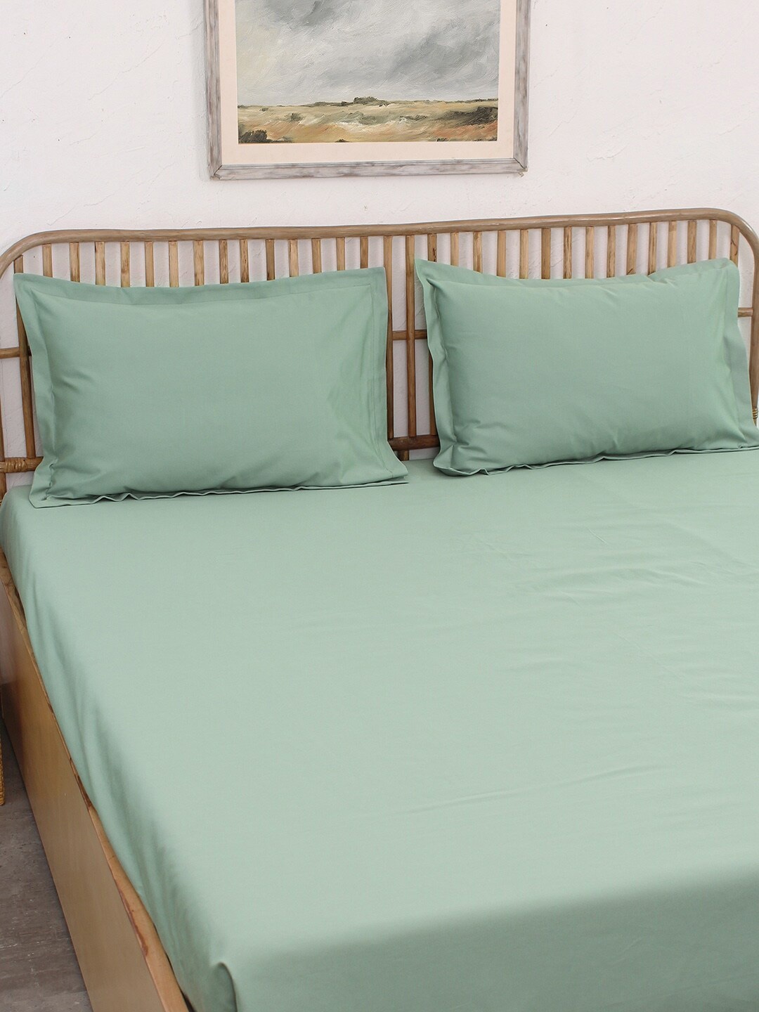 

House This Sage Green Cotton 600 TC King Bedsheet with 2 Pillow Covers