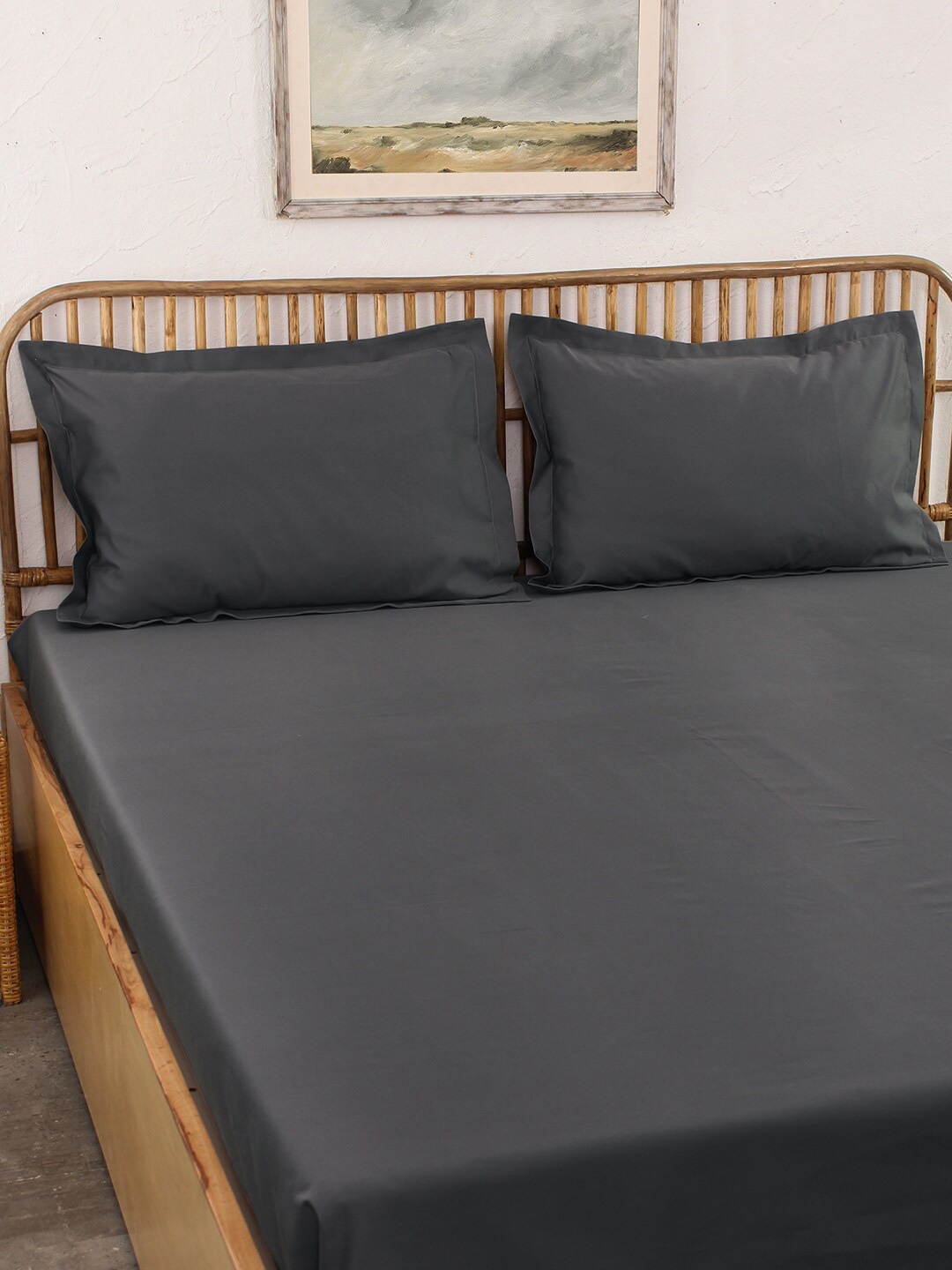 

House This Pepper Grey Cotton 600 TC Fitted Queen Bedsheet with 2 Pillow Covers