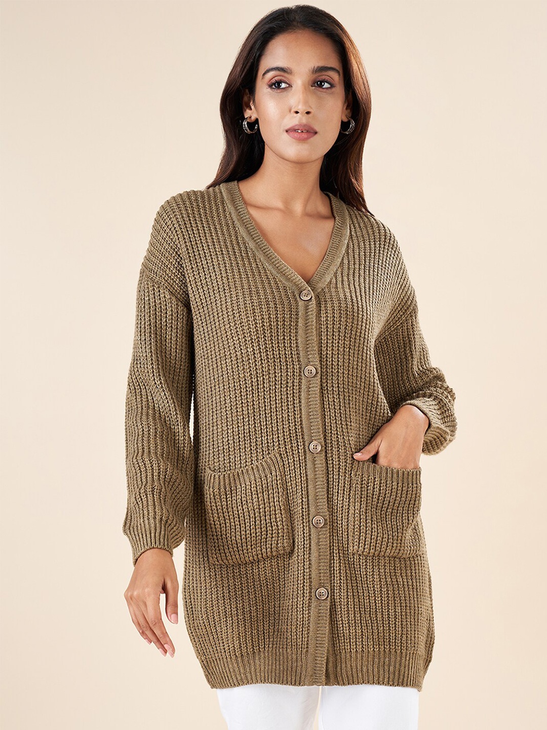 

AKKRITI BY PANTALOONS Cable Knit V-Neck Long Sleeve Acrylic Cardigan Sweater, Mustard