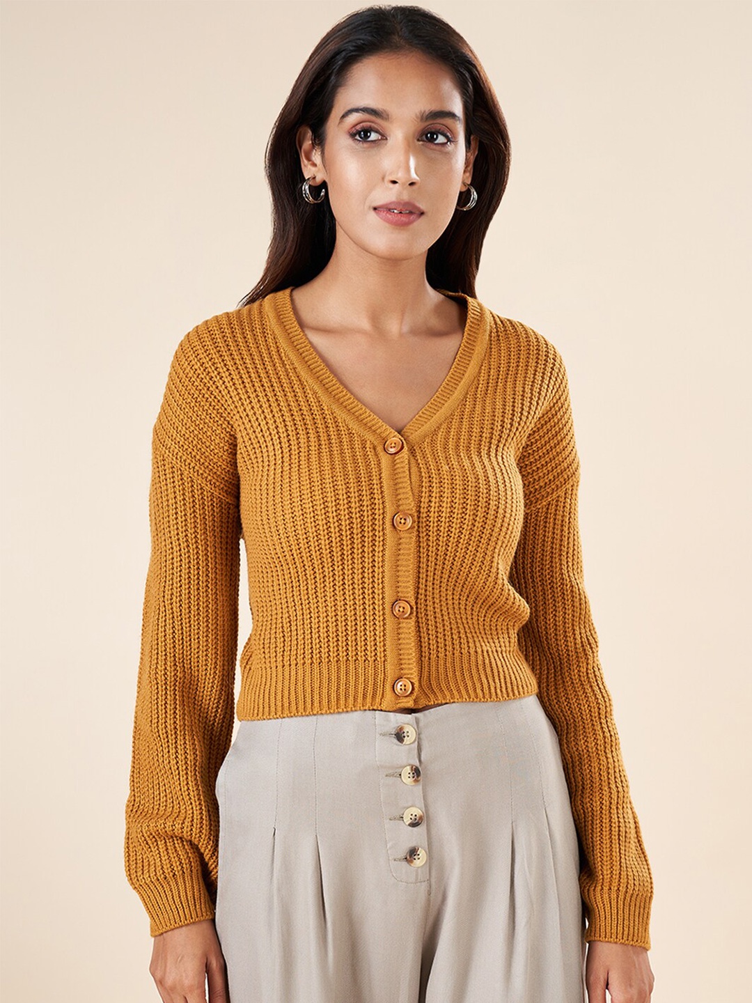 

AKKRITI BY PANTALOONS Cable Knit V-Neck Long Sleeve Acrylic Cardigan Sweater, Mustard