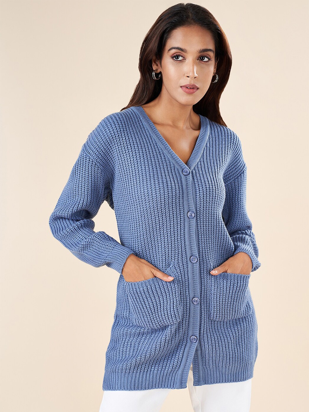 

AKKRITI BY PANTALOONS Cable Knit V-Neck Long Sleeve Acrylic Cardigan Sweater, Blue